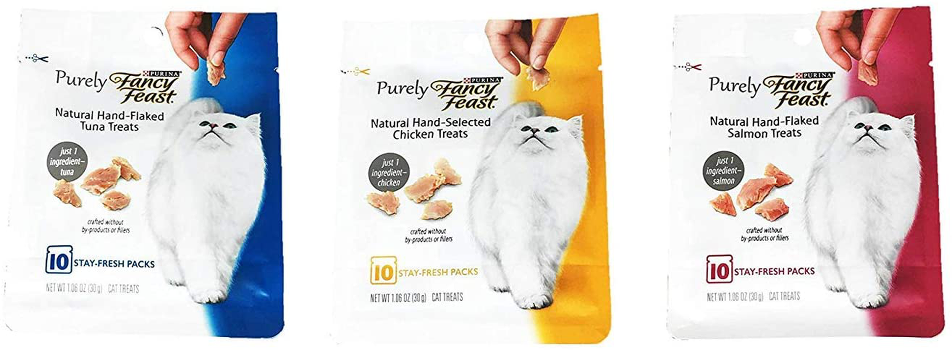 Purina Purely Fancy Feast Natural Hand-Flaked Cat Treats Variety Pack Bundle of 3 Flavors (Tuna, Chicken, and Salmon; 1.06 Oz Each) Animals & Pet Supplies > Pet Supplies > Cat Supplies > Cat Treats Purina Purely Fancy Feast   
