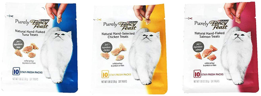 Purina Purely Fancy Feast Natural Hand-Flaked Cat Treats Variety Pack Bundle of 3 Flavors (Tuna, Chicken, and Salmon; 1.06 Oz Each)