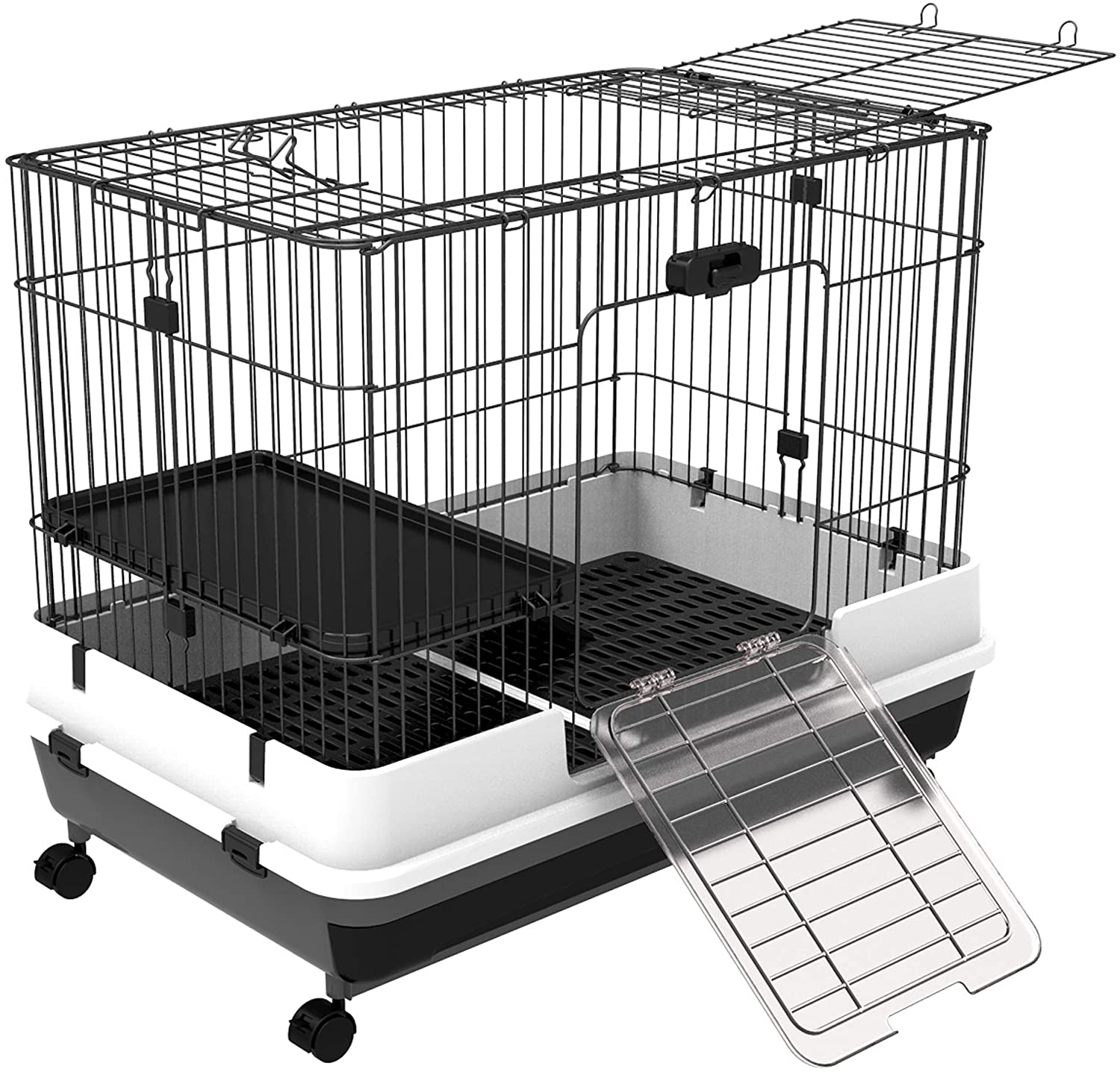 Pawhut 32" 2-Level Indoor Small Animal Cage Rabbit Hutch with Wheels, Perfect for Exotic Rodents Animals & Pet Supplies > Pet Supplies > Small Animal Supplies > Small Animal Habitat Accessories PawHut Black  