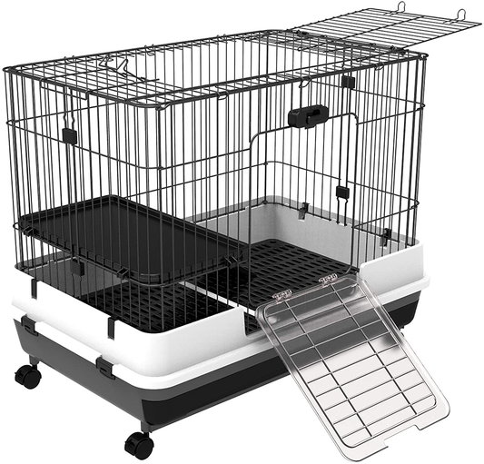 Pawhut 32" 2-Level Indoor Small Animal Cage Rabbit Hutch with Wheels, Perfect for Exotic Rodents Animals & Pet Supplies > Pet Supplies > Small Animal Supplies > Small Animal Habitat Accessories PawHut Black  