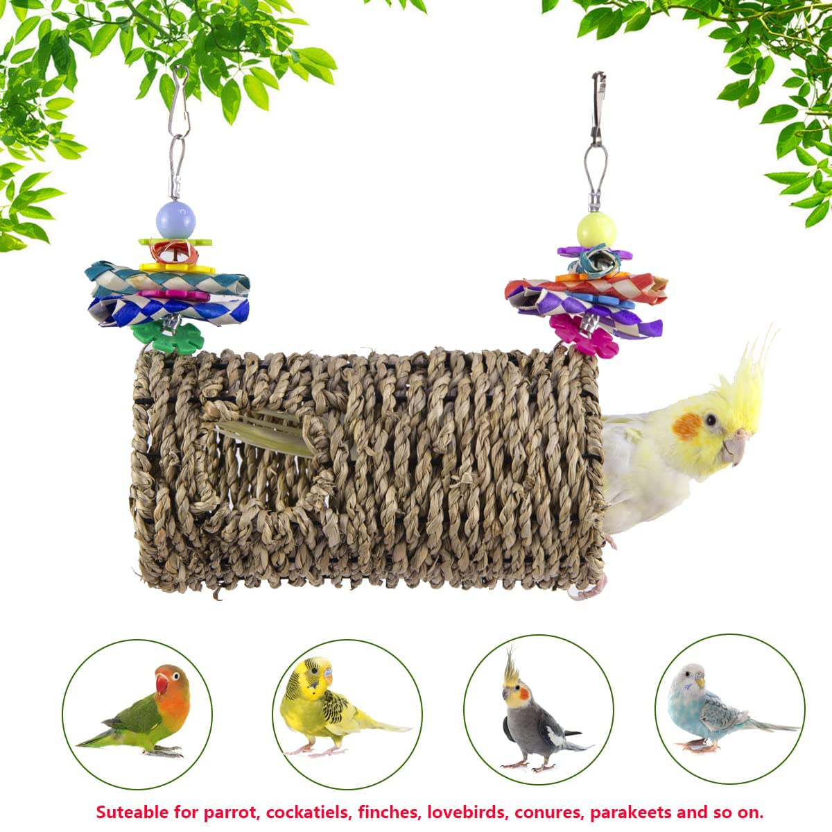 Vehomy Seagrass Bird House Bird Parrot Sea Grass Tent Parrot Tunnel with Holes Natural Hanging Hammock Swing Nest Bird Snuggle Hut Toy for Bird Parrot Hamster Animals & Pet Supplies > Pet Supplies > Bird Supplies > Bird Toys Vehomy   