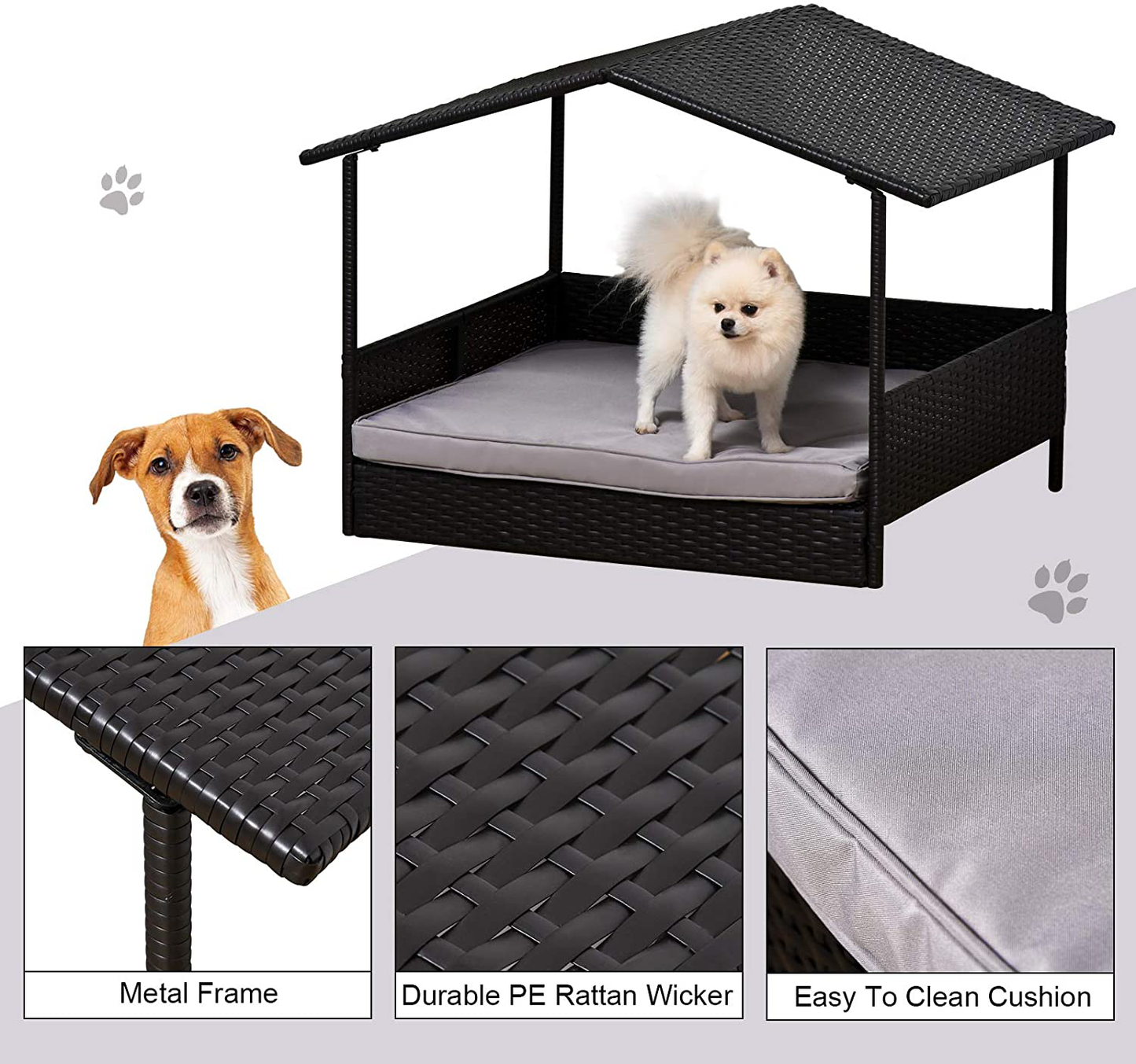 Pawhut Wicker Dog House Raised Rattan Bed for Indoor/Outdoor with Cushion Lounge