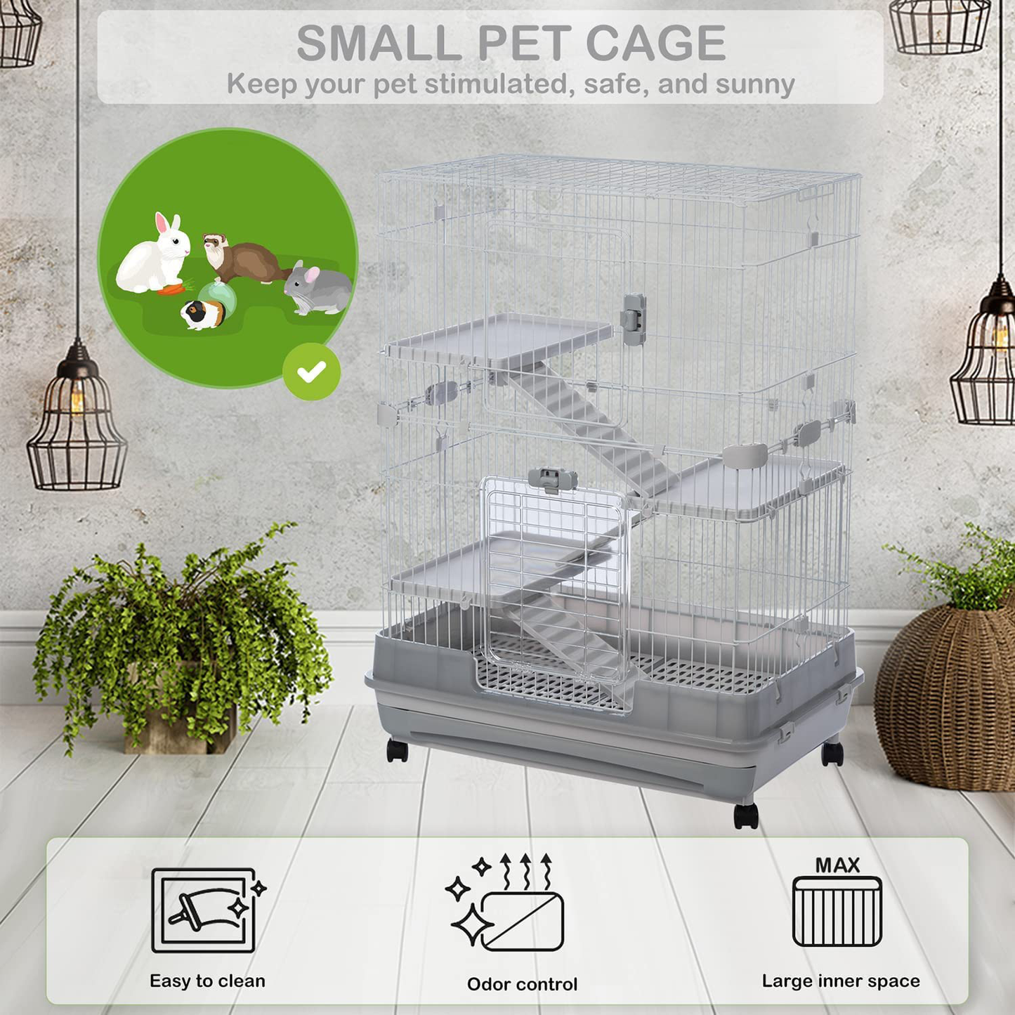 Runmade 4-Tier 32" Small Animal Metal Cage Height Adjustable Cage with Lockable Casters Grilles Pull-Out Tray for Rabbit Chinchilla Ferret Bunny Guinea Pig Squirrel Hedgehog Animals & Pet Supplies > Pet Supplies > Small Animal Supplies > Small Animal Habitats & Cages runmade   