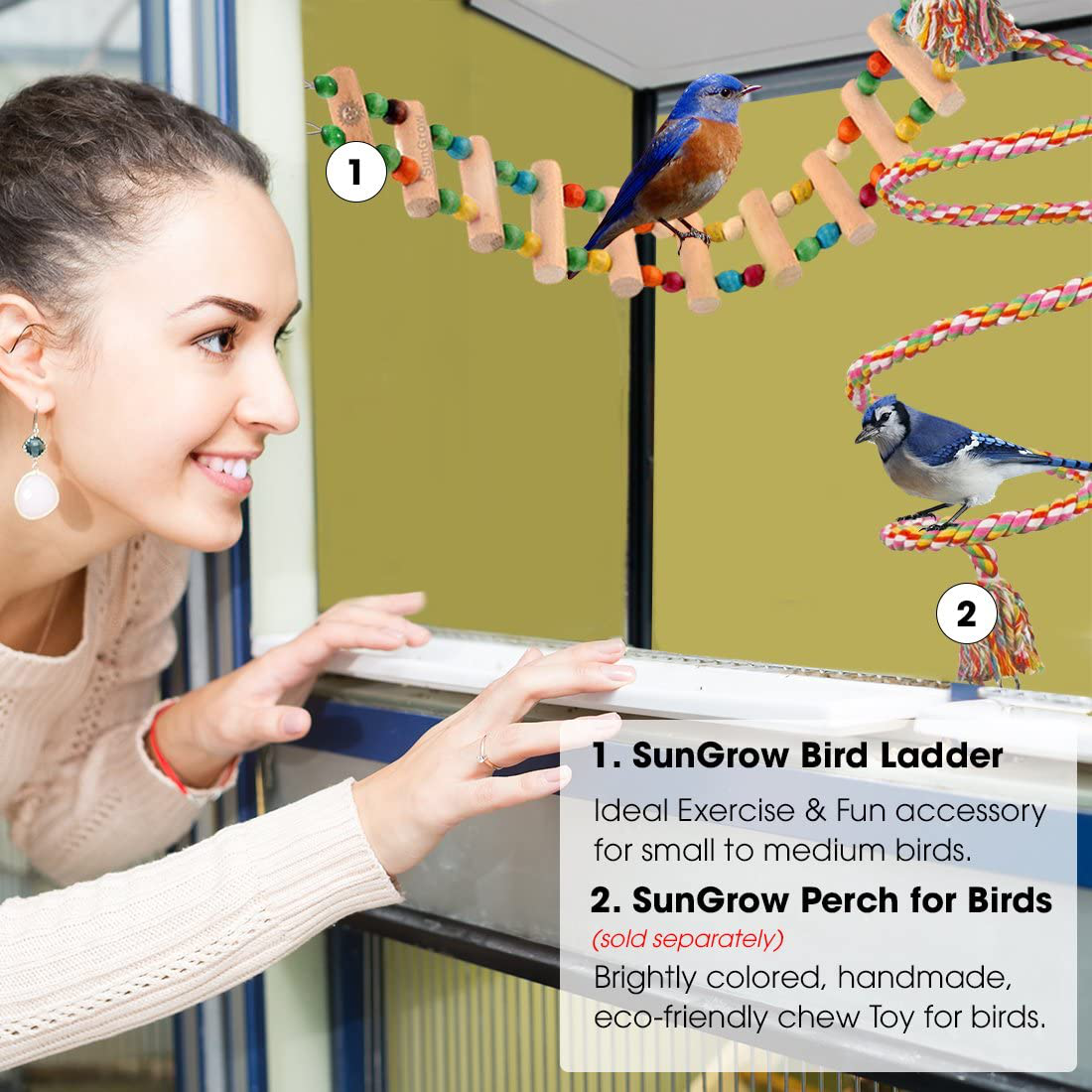 Sungrow Bird Ladder Bridge, Helps Birds with Balance, Made with Raw Wood and Edible Dye, Easy Installation, Bright, Durable and Flexible, Suitable for Small to Medium Birds Animals & Pet Supplies > Pet Supplies > Bird Supplies > Bird Ladders & Perches SunGrow   