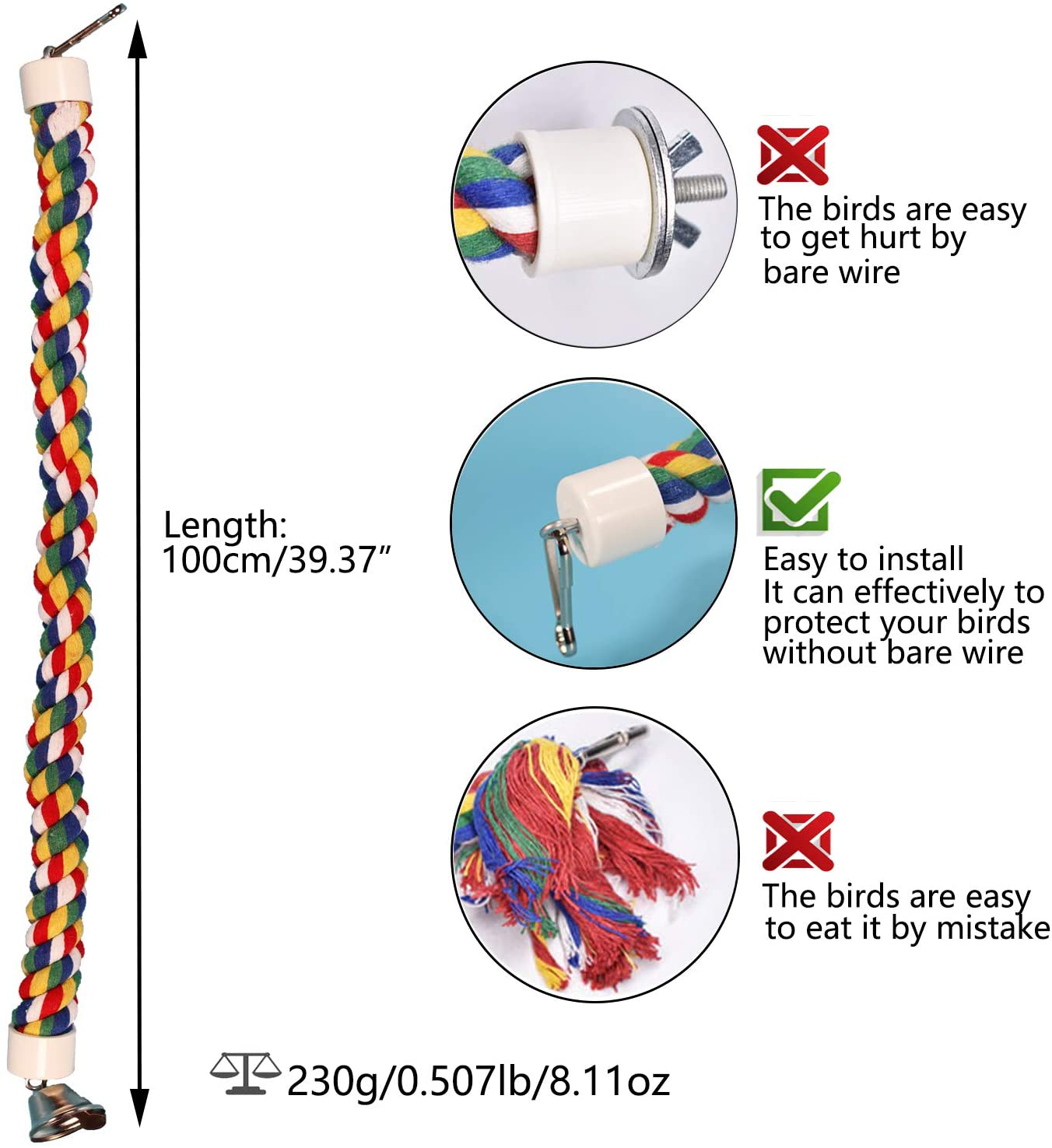 Bird Rope Perch Comfy Cotton Spiral Bungee Swing Climbing Standing Ladder for Bird Cage Parrot Toy with Bell Animals & Pet Supplies > Pet Supplies > Bird Supplies > Bird Ladders & Perches iLeson   