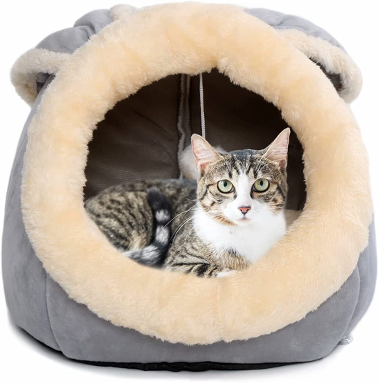 Cat Beds for Indoor Cats - Small Dog Bed with Anti-Slip Bottom, Rabbit-Shaped Cat/Small Dog Cave with Hanging Toy, Puppy Bed with Removable Cotton Pad, Super Soft Calming Pet Sofa Bed (Grey Large)