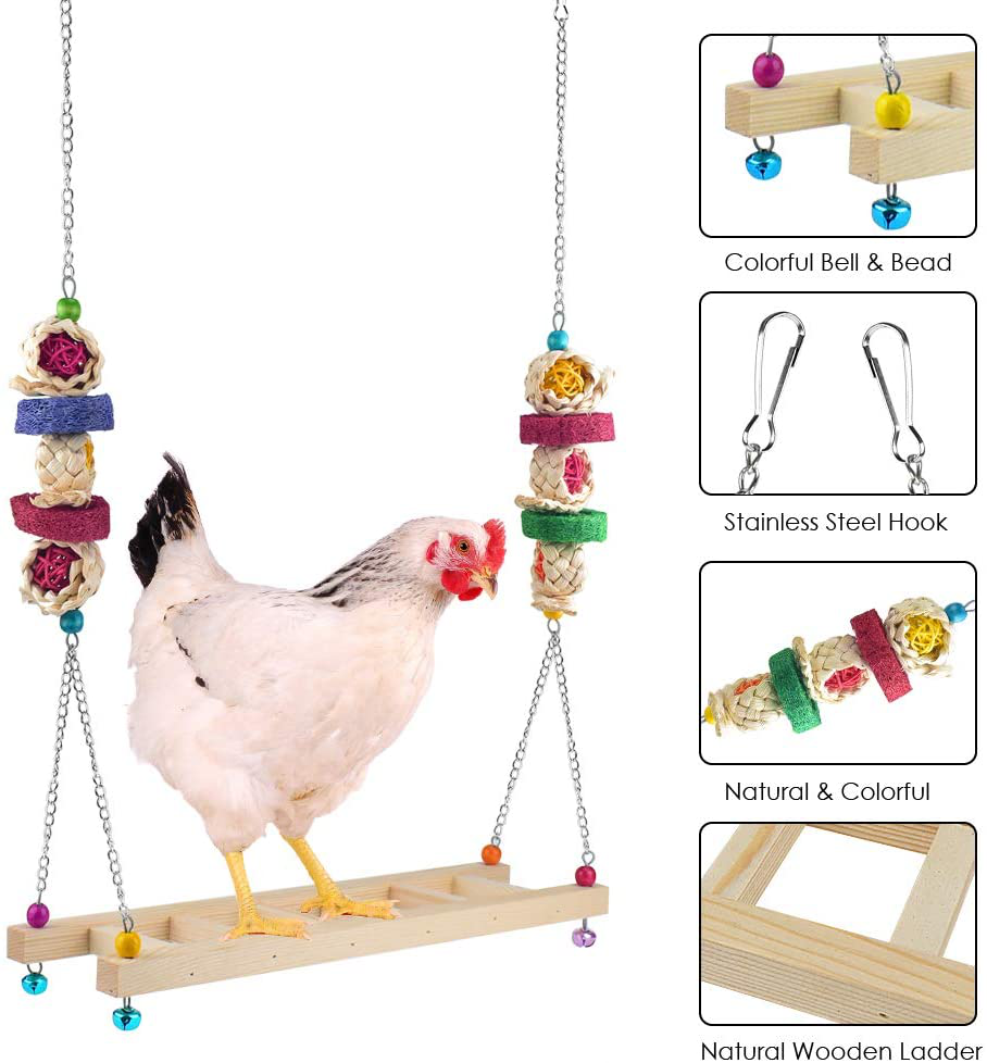 ERKOON Chicken Swing Ladder Toys with Natural Wooden Chicken Perch, Chicken Wood Stand Toy for Hens, Handmade Chicken Coop Swing Ladder Toys for Bird Parrot Hens Small Parakeets Cockatiels Macaws Animals & Pet Supplies > Pet Supplies > Bird Supplies > Bird Ladders & Perches ERKOON   