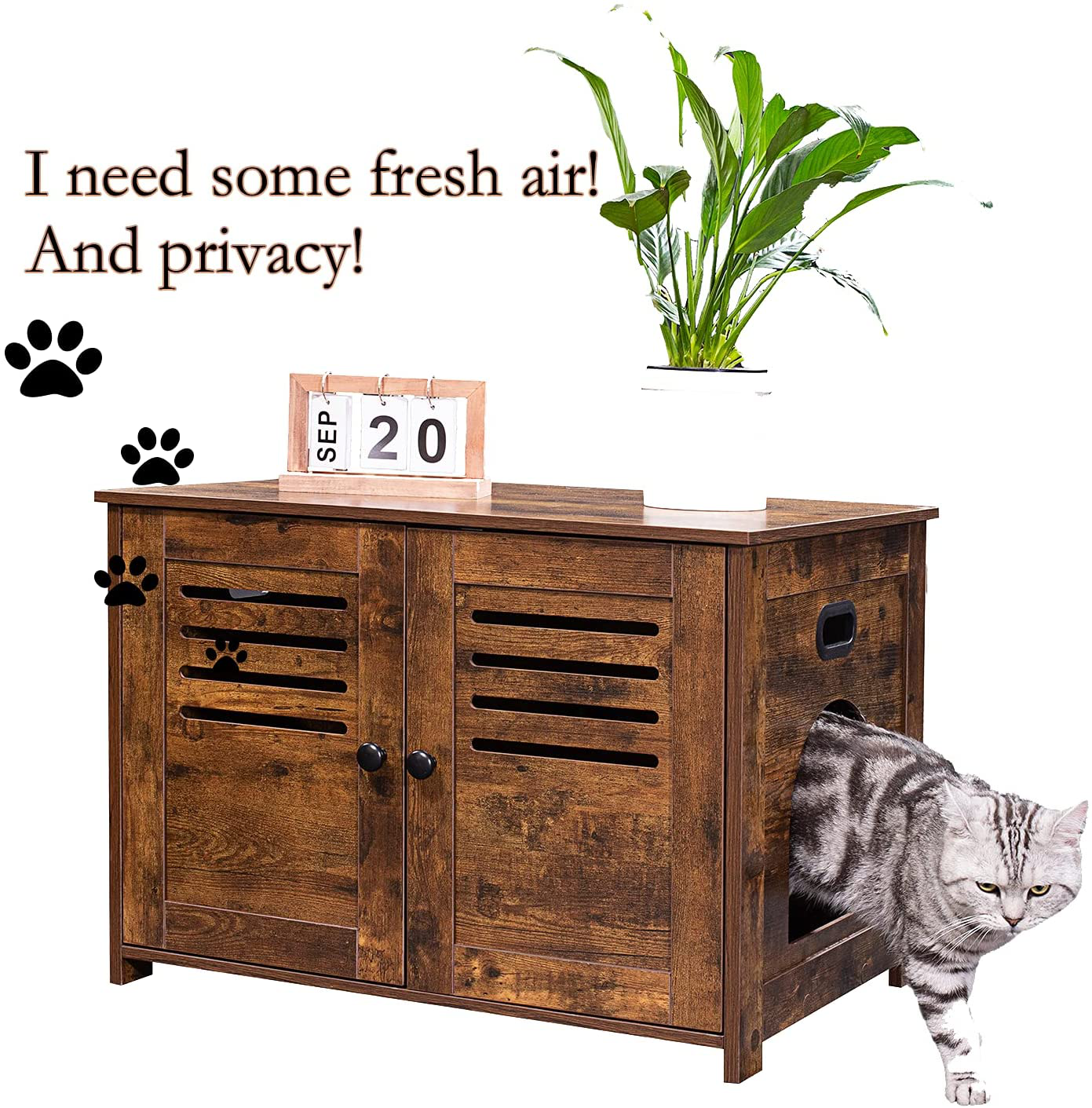 DINZI LVJ Litter Box Enclosure, Cat Litter House with Louvered Doors, Entrance Can Be on Left or Right Side, Spacious Hidden Cat Washroom for Most of Litter Box, Cat Furniture Cabinet, Rustic Brown Animals & Pet Supplies > Pet Supplies > Cat Supplies > Cat Furniture DINZI LVJ   