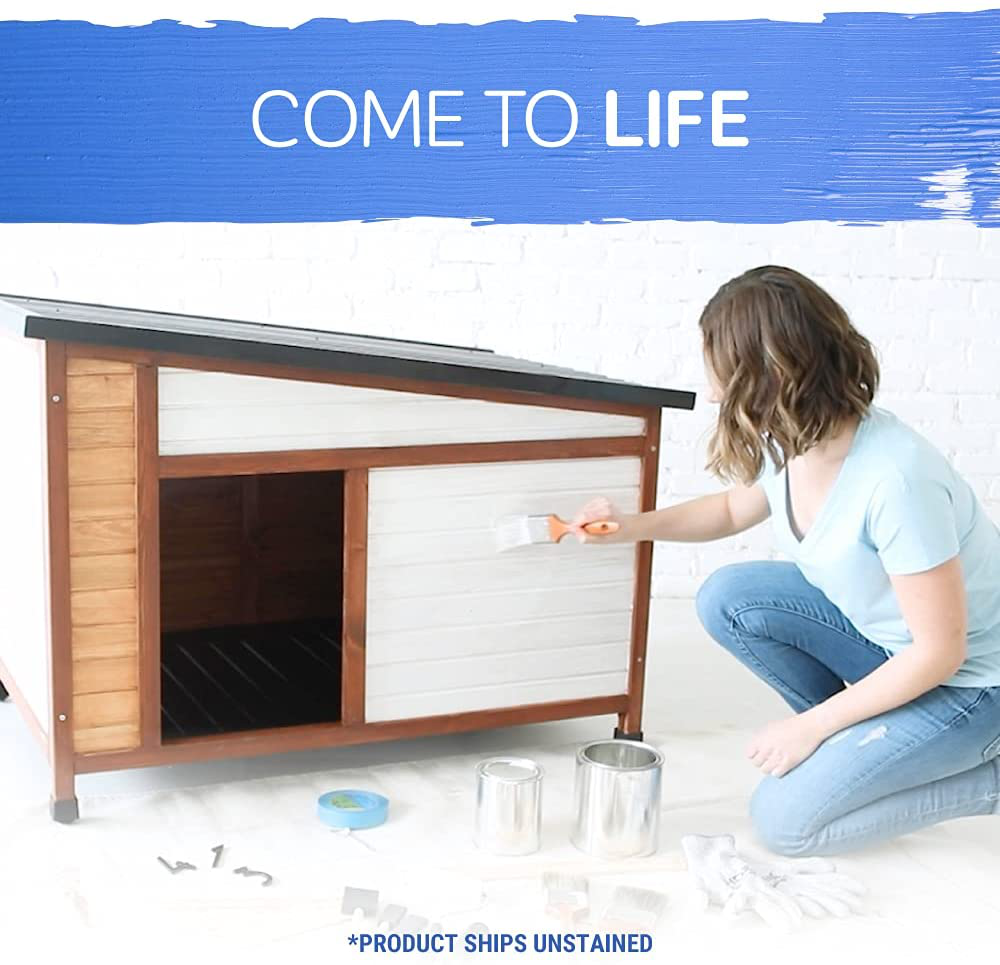 Petmate DIY Heavy Duty Wood Dog House Is Ready to Paint for Pets up to 90 Pounds; Plastic Roof and Self Leveling Feet Ensure Long Life