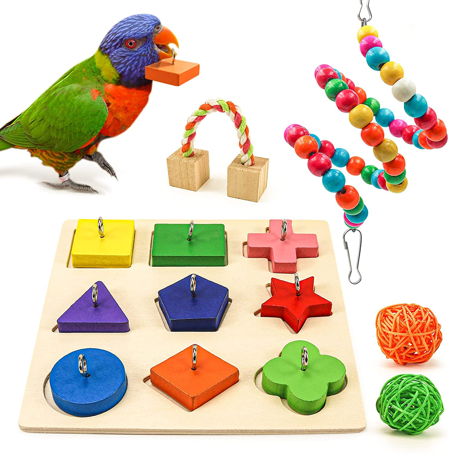 Suruikei 5 Pcs Bird Training Toys, Colorful Wooden Bird Block Puzzle Toy Parrot Swing Perch Wooden Activity Play Gym Exercise Bird Intelligence Toy for Parrots Conure Cockatile Lovebird Budgie Animals & Pet Supplies > Pet Supplies > Bird Supplies > Bird Gyms & Playstands suruikei   