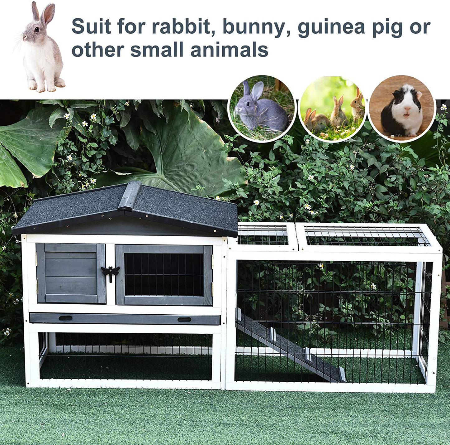 Pawhut Fir Wood Rabbit Hutch with 2 Story Design, Bunny Cage Run with Patio, Asphalt Roof and Pull Out Tray, Grey Animals & Pet Supplies > Pet Supplies > Small Animal Supplies > Small Animal Habitats & Cages PawHut   