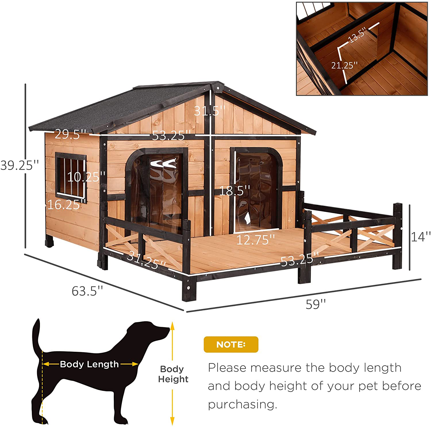 Pawhut 59"X64"X39" Wood Large Dog House Cabin Style Elevated Pet Shelter W/Porch Deck Animals & Pet Supplies > Pet Supplies > Dog Supplies > Dog Houses PawHut   