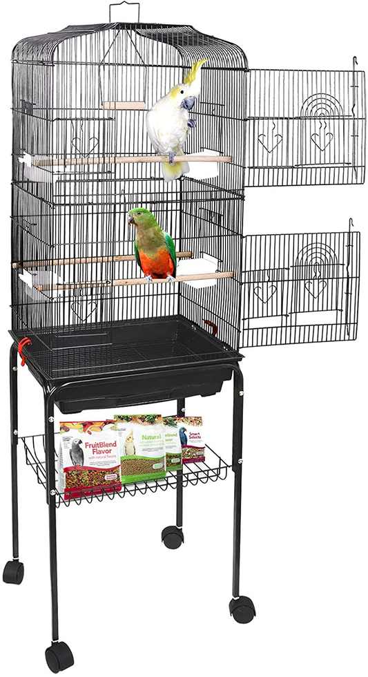 SUPER DEAL 59.3''/53'' Rolling Bird Cage Large Wrought Iron Cage for Cockatiel Sun Conure Parakeet Finch Budgie Lovebird Canary Medium Pet House with Rolling Stand & Storage Shelf (59.3'')