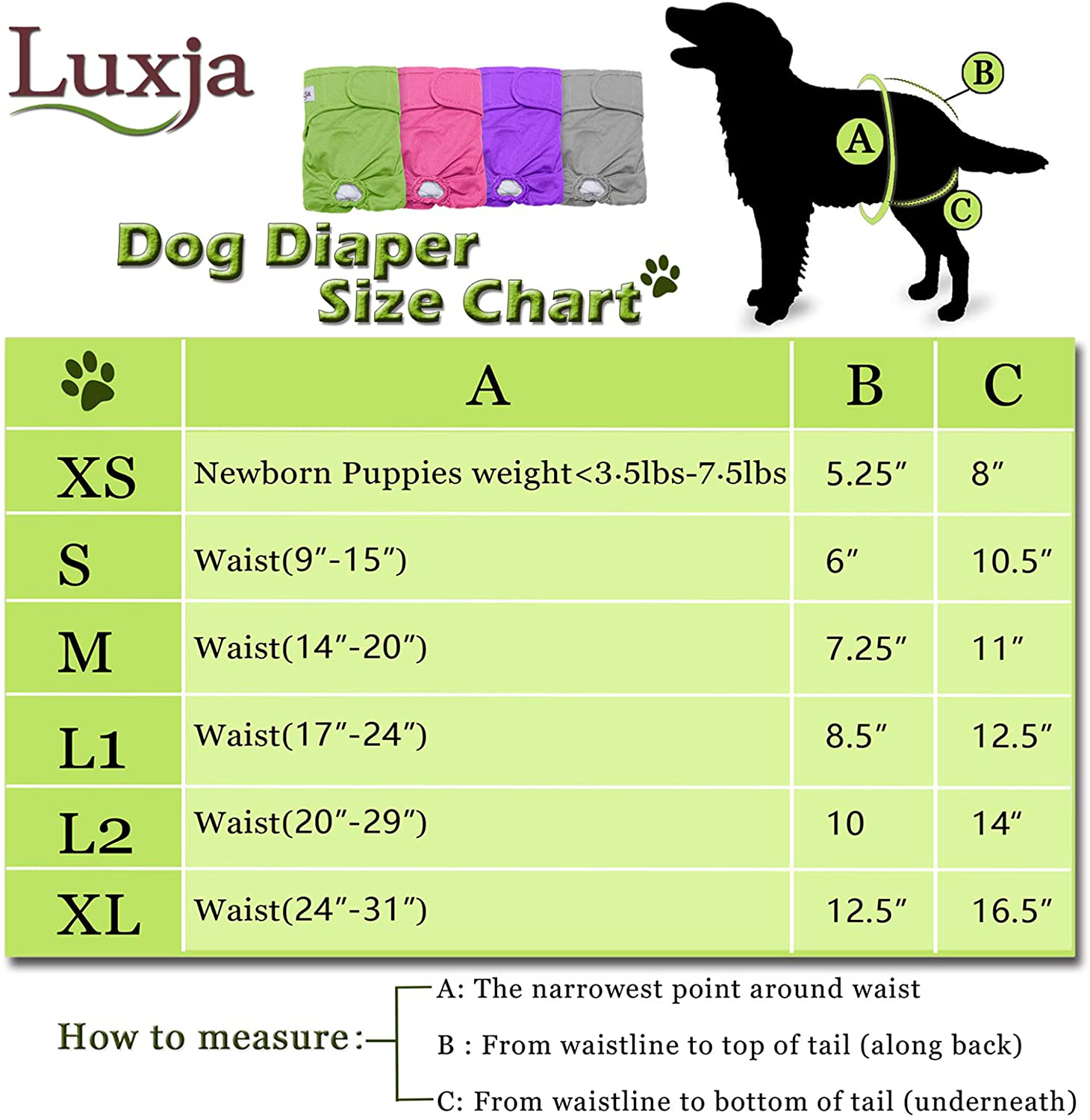 Luxja Reusable Female Dog Diapers (Pack of 4), Washable Wraps for Female Dog (Large 1, Gray+Green+Purple+Rose Red)