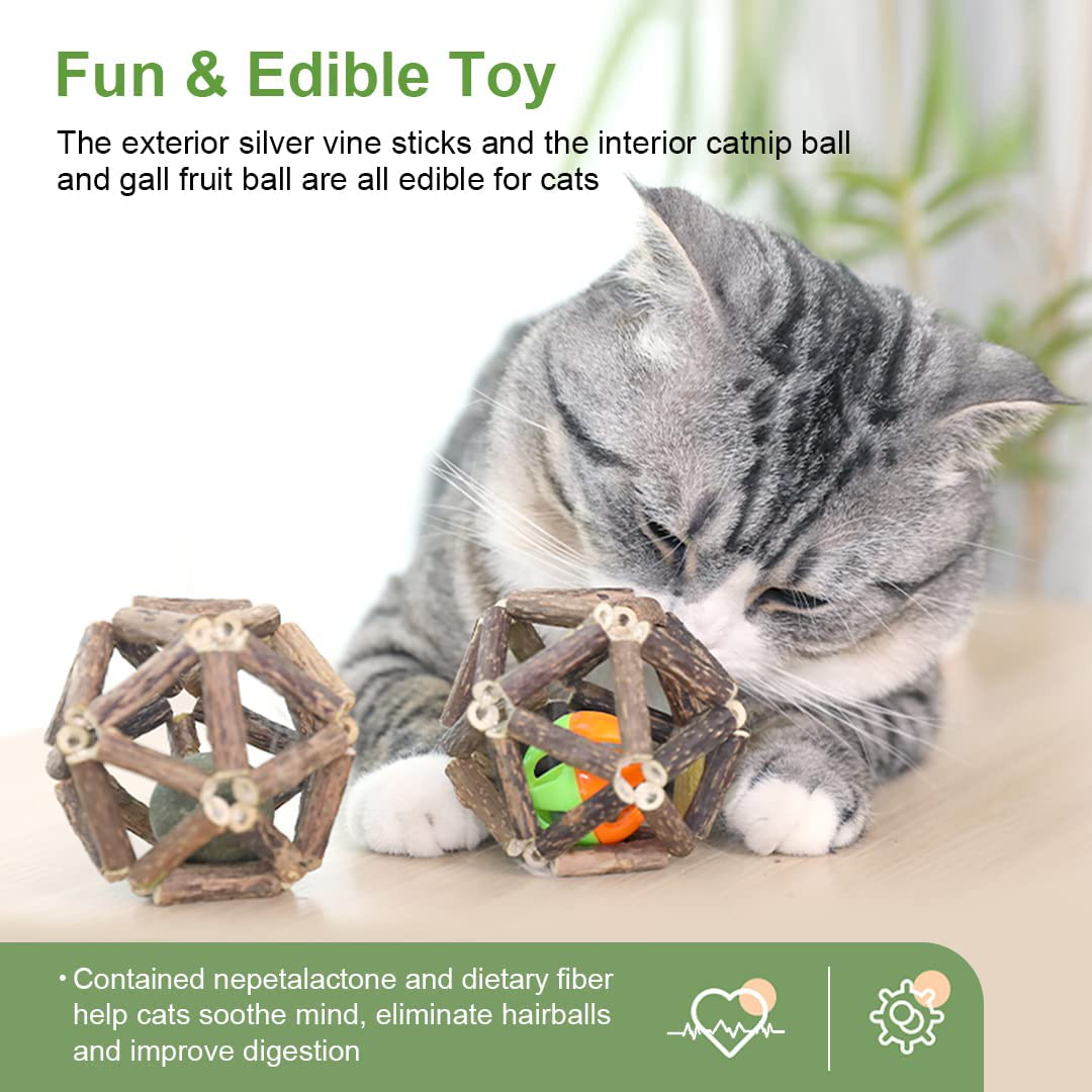 Potaroma Silvervine Stick Cage Balls, Edible for Cats, Catnip Gall Fruit Bell Balls, Catmint Toys for Indoor Kitty, Dental Cat Toy for Teeth Cleaning, Matatabi Cat Chew Toy for Kitten Lick Animals & Pet Supplies > Pet Supplies > Cat Supplies > Cat Toys Potaroma   