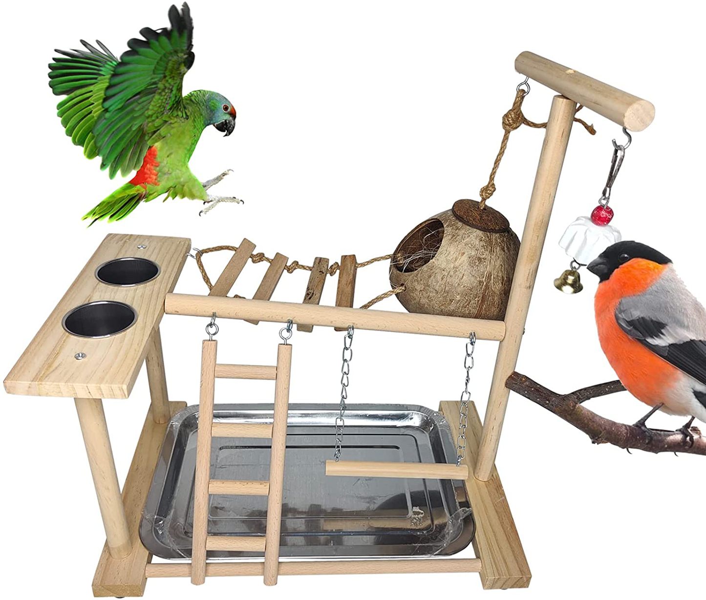Parrots Playground Bird Play Stand Natural Wood Perch Gym Parakeet Nest Climb Swing Ladders with Feeder Cups Ladders Lovebirds Cage Accessories Toy Exercise Activity for Conure Cockatiel Lovebirds Animals & Pet Supplies > Pet Supplies > Bird Supplies > Bird Cages & Stands Hamiledyi   