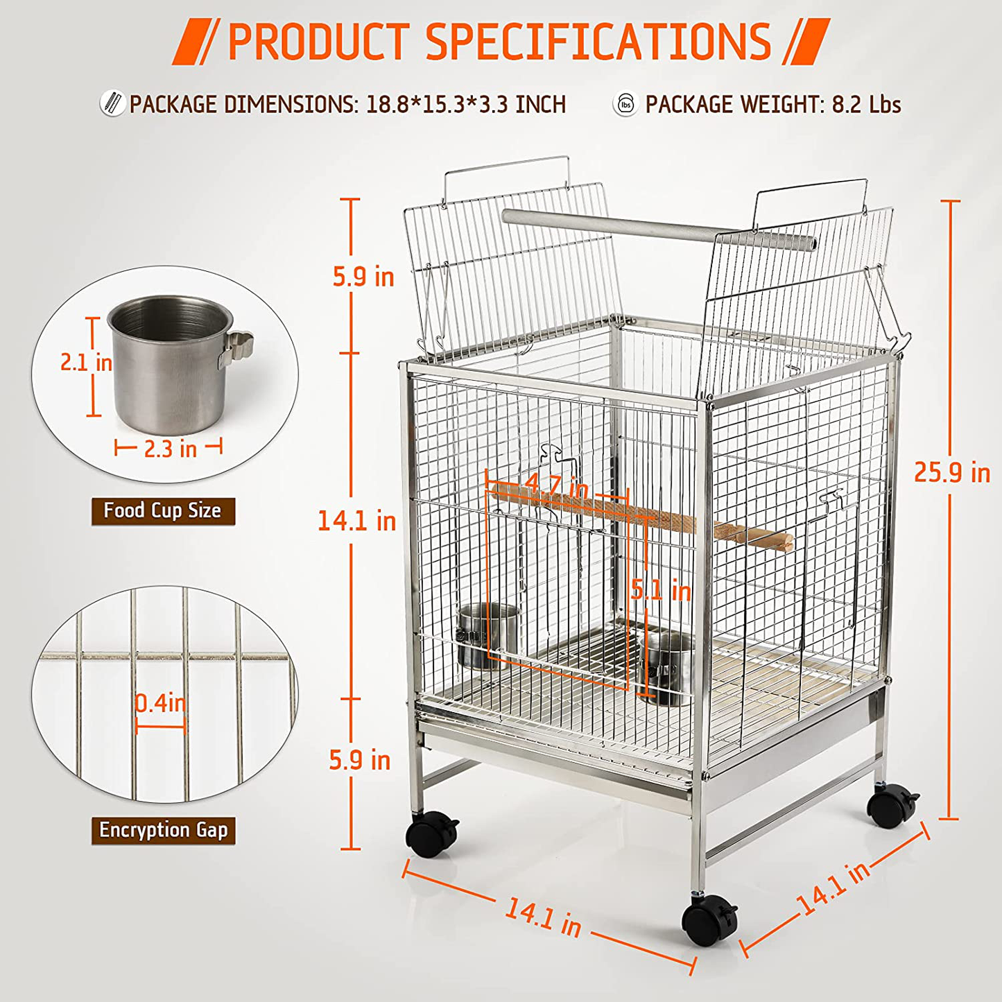 Echaprey Birdcage Bird Cages Small Bird Cage Stainless Steel with Rolling Wheels and Open Top for Parakeets Cockatiels Finches Lovebirds Parrots Animals & Pet Supplies > Pet Supplies > Bird Supplies > Bird Cage Accessories Echaprey   