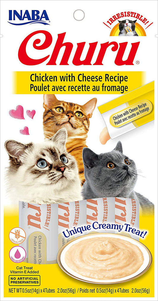 INABA Churu Lickable Purée Natural Cat Treats (Chicken with Cheese Recipe, 4 Tubes)