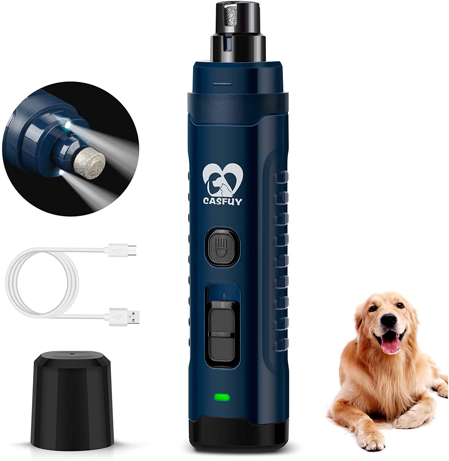 Casfuy Dog Nail Grinder with 2 LED Light for Large Medium Dogs - 3X More Powerful 2-Speed Electric Pet Nail Trimmer Rechargeable Quiet Painless Paws Grooming & Smoothing Tool Animals & Pet Supplies > Pet Supplies > Bird Supplies > Bird Treats Casfuy Dark blue  