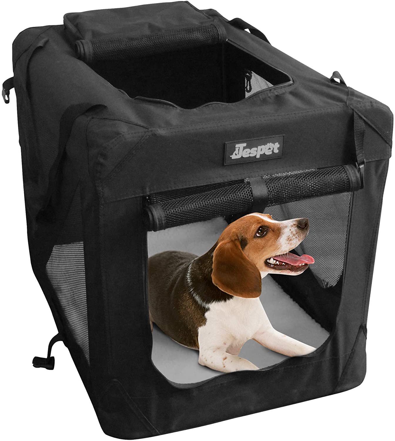 JESPET Soft Pet Crates Kennel 26", 30" & 36", 3 Door Soft Sided Folding Travel Pet Carrier with Straps and Fleece Mat for Dogs, Cats, Rabbits, Indoor/Outdoor Use with Grey, Blue & Beige, Black Animals & Pet Supplies > Pet Supplies > Dog Supplies > Dog Kennels & Runs JESPET Black 30"L x 21"W x 23"H 