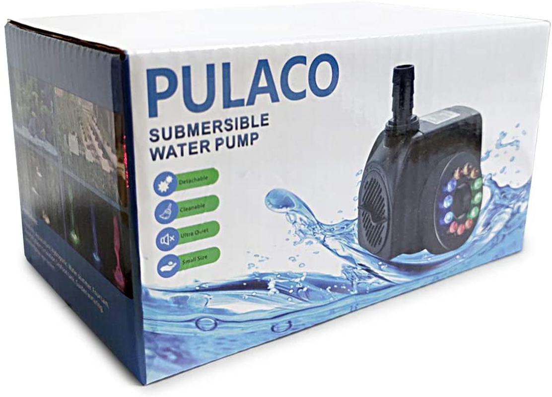 PULACO 10Watt 160 GPH Submersible Fountain Pump Wiht LED Light for