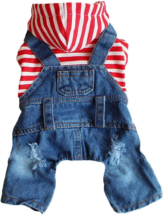 DOGGYZSTYLE Pet Dog Cat Hoodies Clothes Striped Pajamas Denim Outfits Blue Jeans Jumpsuits One-Piece Jacket Costumes Apparel Hooded Coats for Small Puppy Medium Dogs