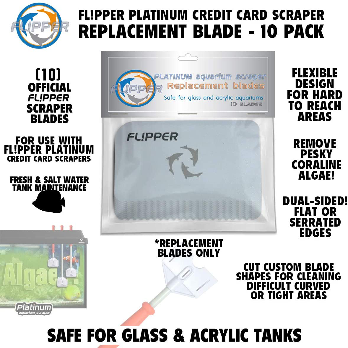 FL!PPER Flipper Platinum Aquarium Scraper Replacement Blades for Fish Tank Cleaning Kits– Replacement Blades for Glass Tanks & Acrylic Tanks – Aquarium Cleaner Blades with Serrated Edge, 10 Pack Animals & Pet Supplies > Pet Supplies > Fish Supplies > Aquarium Cleaning Supplies FL!PPER   