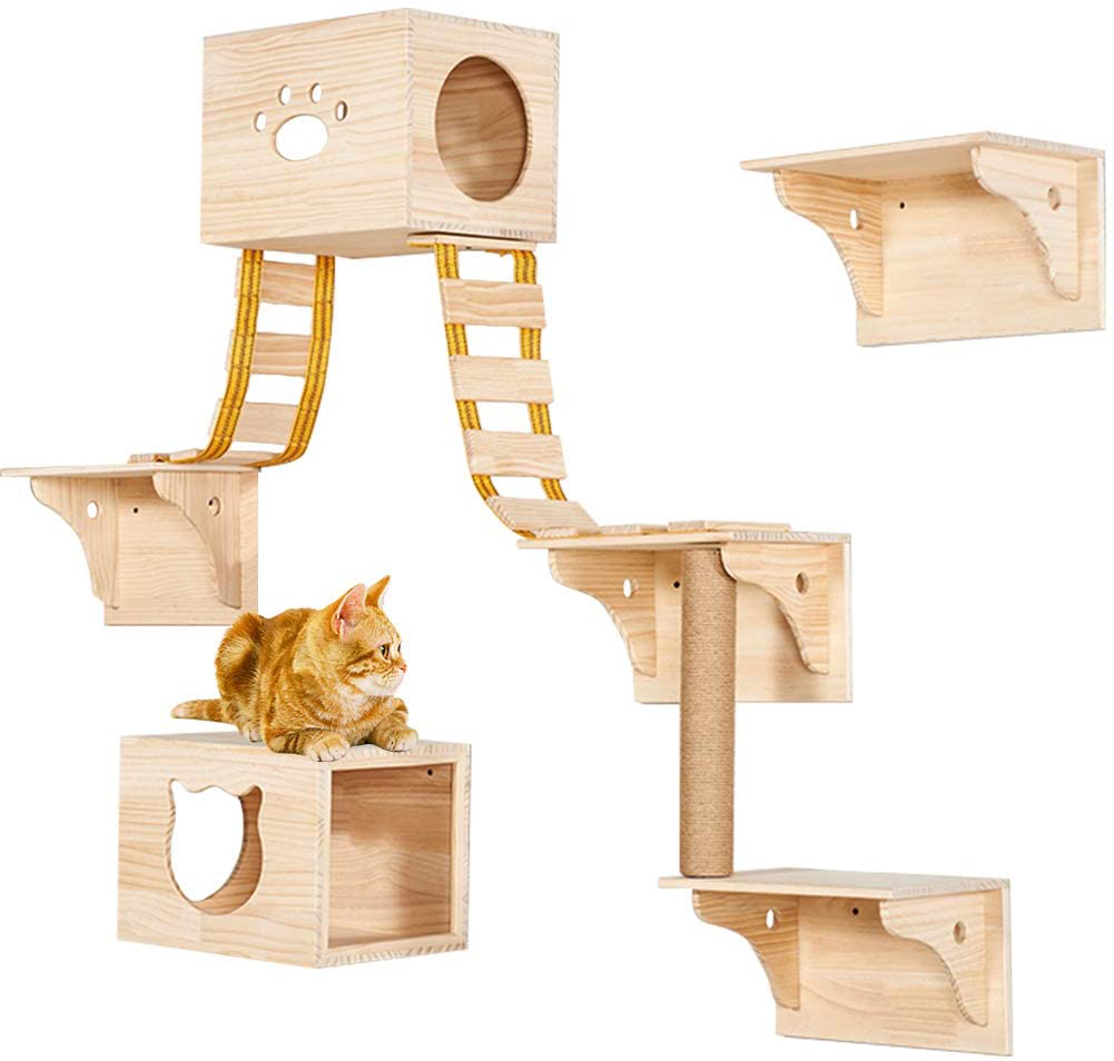 TINTON LIFE 9Pcs Wall Wood Cat Climber Set - 2 Cat Condos Houses & 4 Cat Shelves & 2 Ladders & 1 Sisal Cat Scratching Post Cat Steps Cat Perch Cat Bed Animals & Pet Supplies > Pet Supplies > Cat Supplies > Cat Furniture TINTON LIFE   