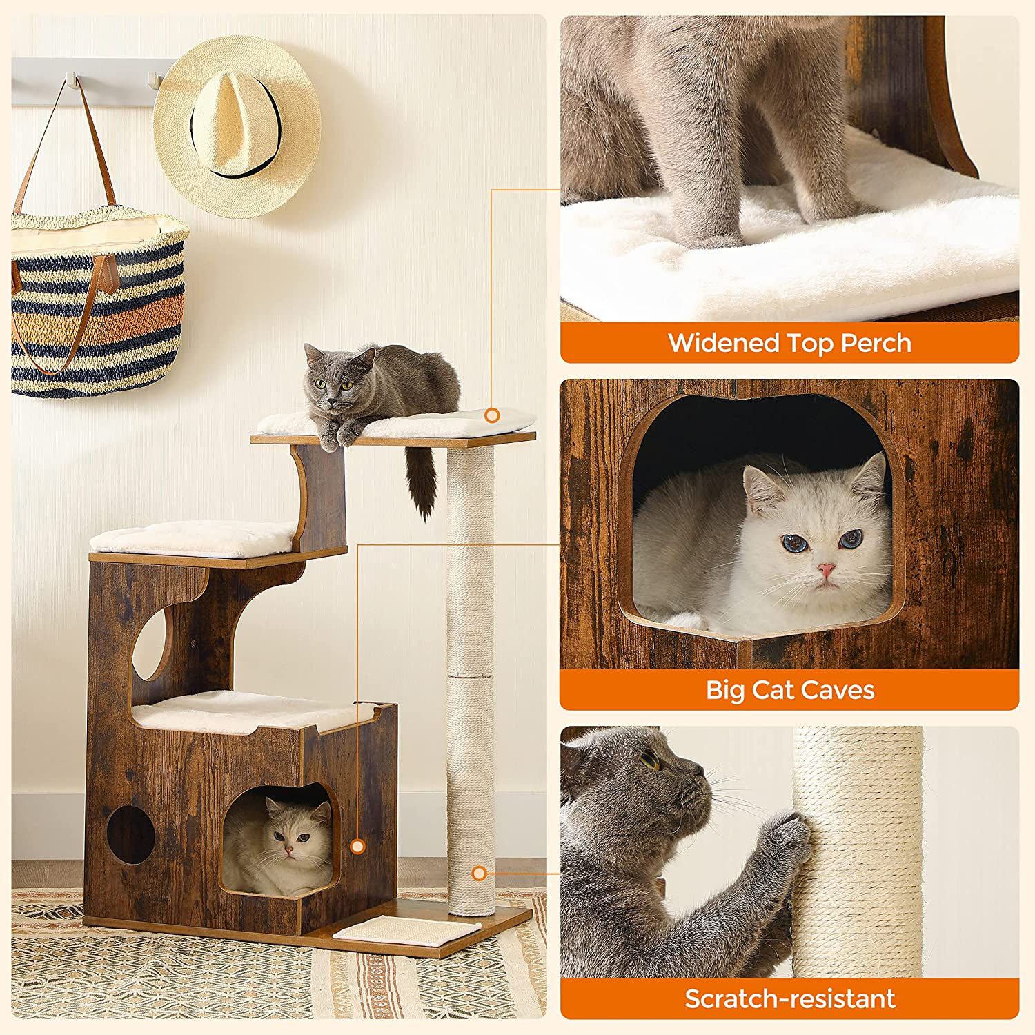 FEANDREA 33.9-Inch Cat Tower, Medium Cat Tree with 3 Beds and Cave, Cat Condo Made of MDF with Wood Veneer, Sisal Post and Washable Faux Fur, Vintage, Rustic Brown and White UPCT70HW Animals & Pet Supplies > Pet Supplies > Cat Supplies > Cat Furniture FEANDREA   