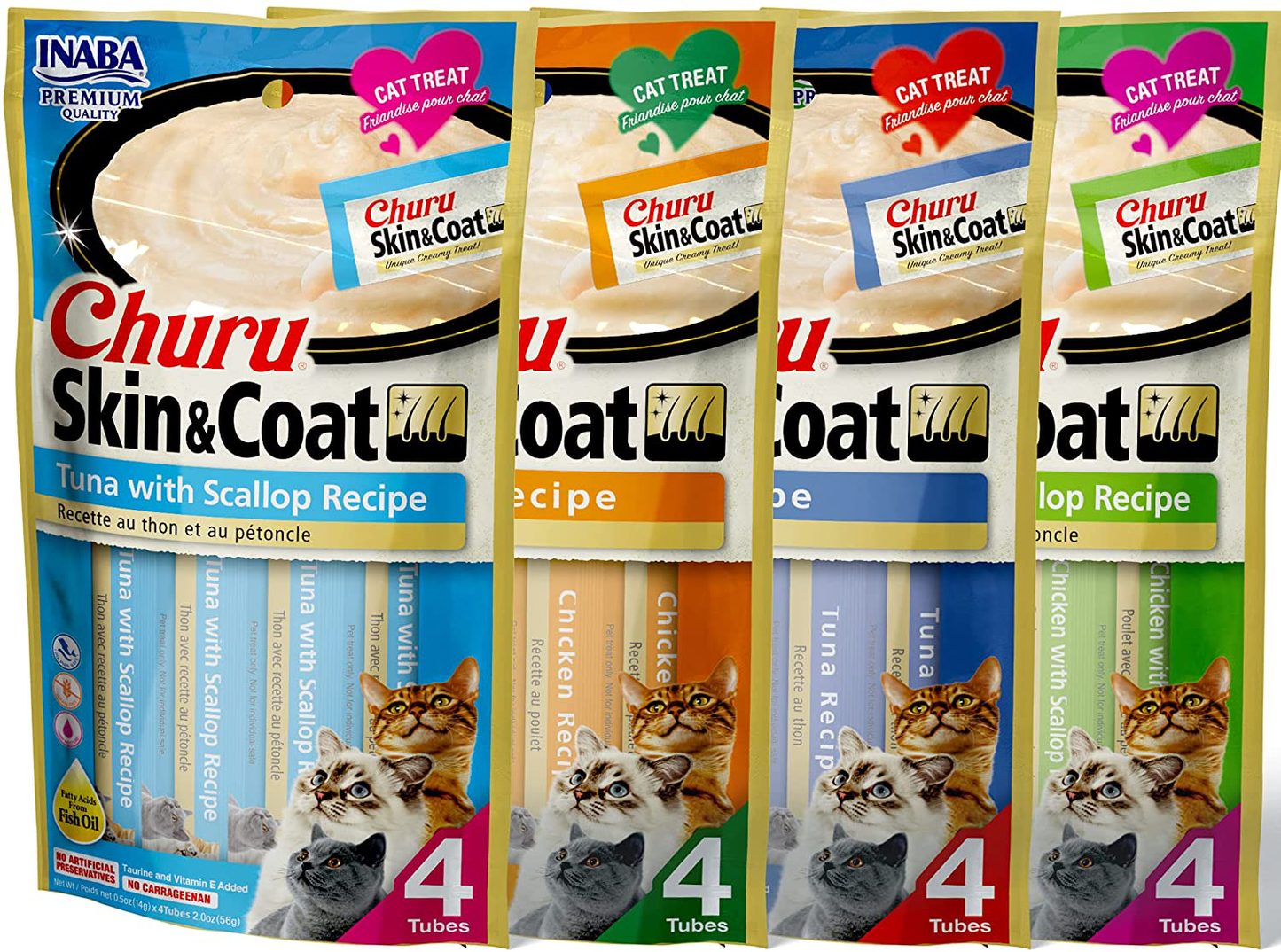 INABA Churu Lickable Purée Natural Cat Treats for Skin and Coat with Omega Oils, Taurine and Vitamin E, 0.5 Ounces Each Animals & Pet Supplies > Pet Supplies > Cat Supplies > Cat Treats INABA All 4 Flavor Variety Pack 16 Count (Pack of 1) 