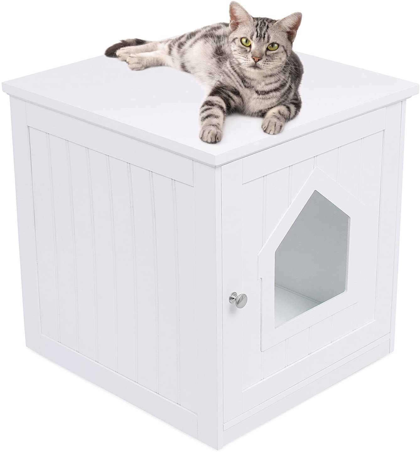 BIRDROCK Home Decorative Cat House & Side Table - Cat Home Nightstand - Indoor Pet Crate - Litter Box Enclosure - Hooded Hidden Pet Box - Cats Furniture Cabinet - Kitty Washroom - White
