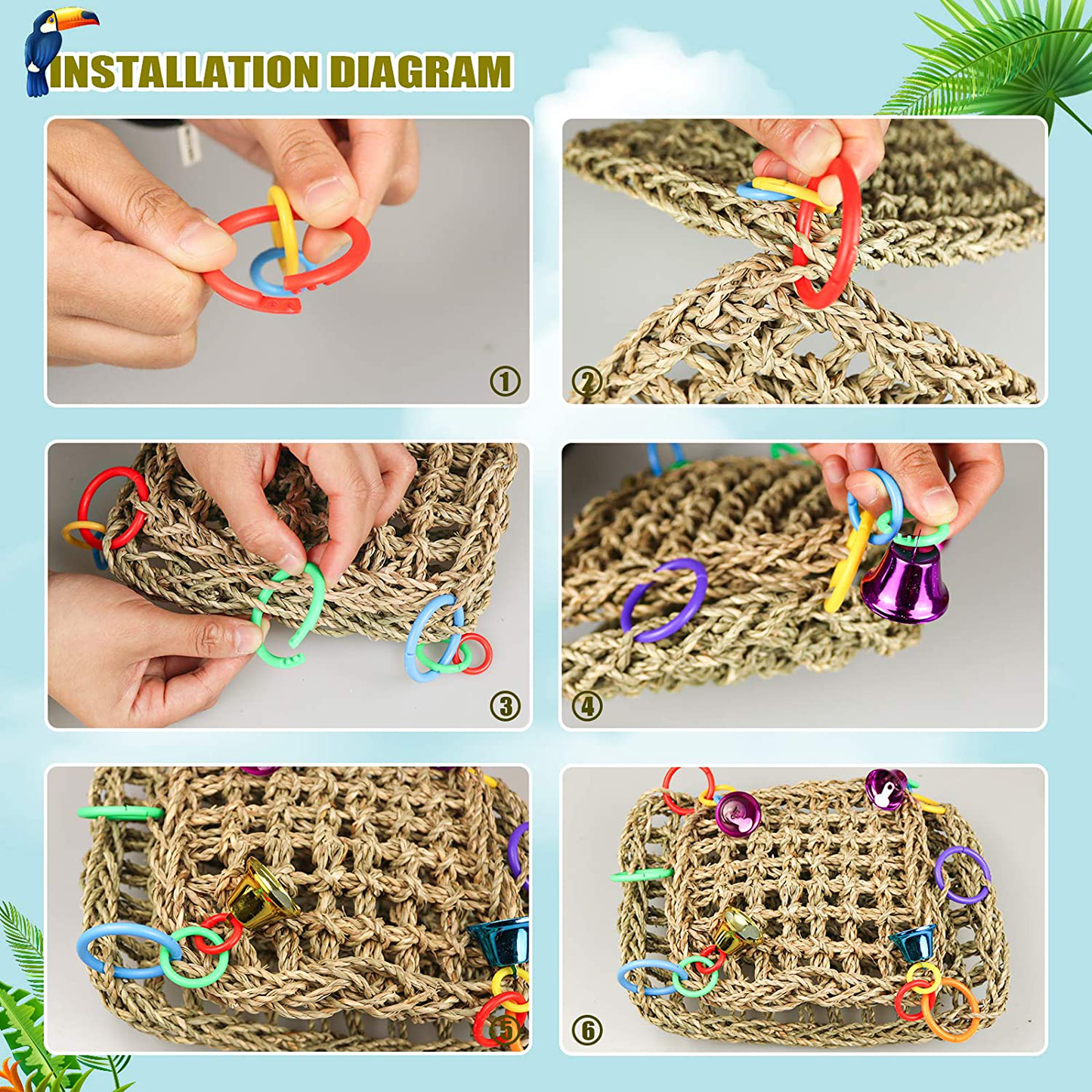 Bird Seagrass Hammock DIY Toys,Parrot Nest House Shed Hut Hanging Hammock Cage Tent Parakeet Perch Stand Climb Ladder Cage Toys for Conure Lovebird Budgie Cockatiel Finch Cockatoo Animals & Pet Supplies > Pet Supplies > Bird Supplies > Bird Ladders & Perches Roundler   