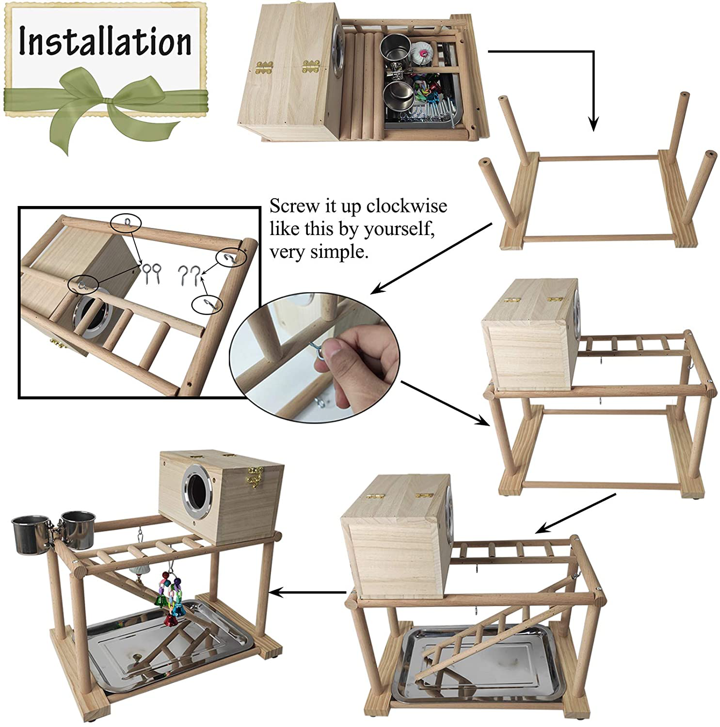 Kathson Birds Parrots Playground Natural Wood Bird Play Stand Gym Playpen Climb Ladder Chewing Toys with Parakeet Nesting Box Activity Exercise Center for Conure Cockatiel Lovebirds Animals & Pet Supplies > Pet Supplies > Bird Supplies > Bird Gyms & Playstands kathson   