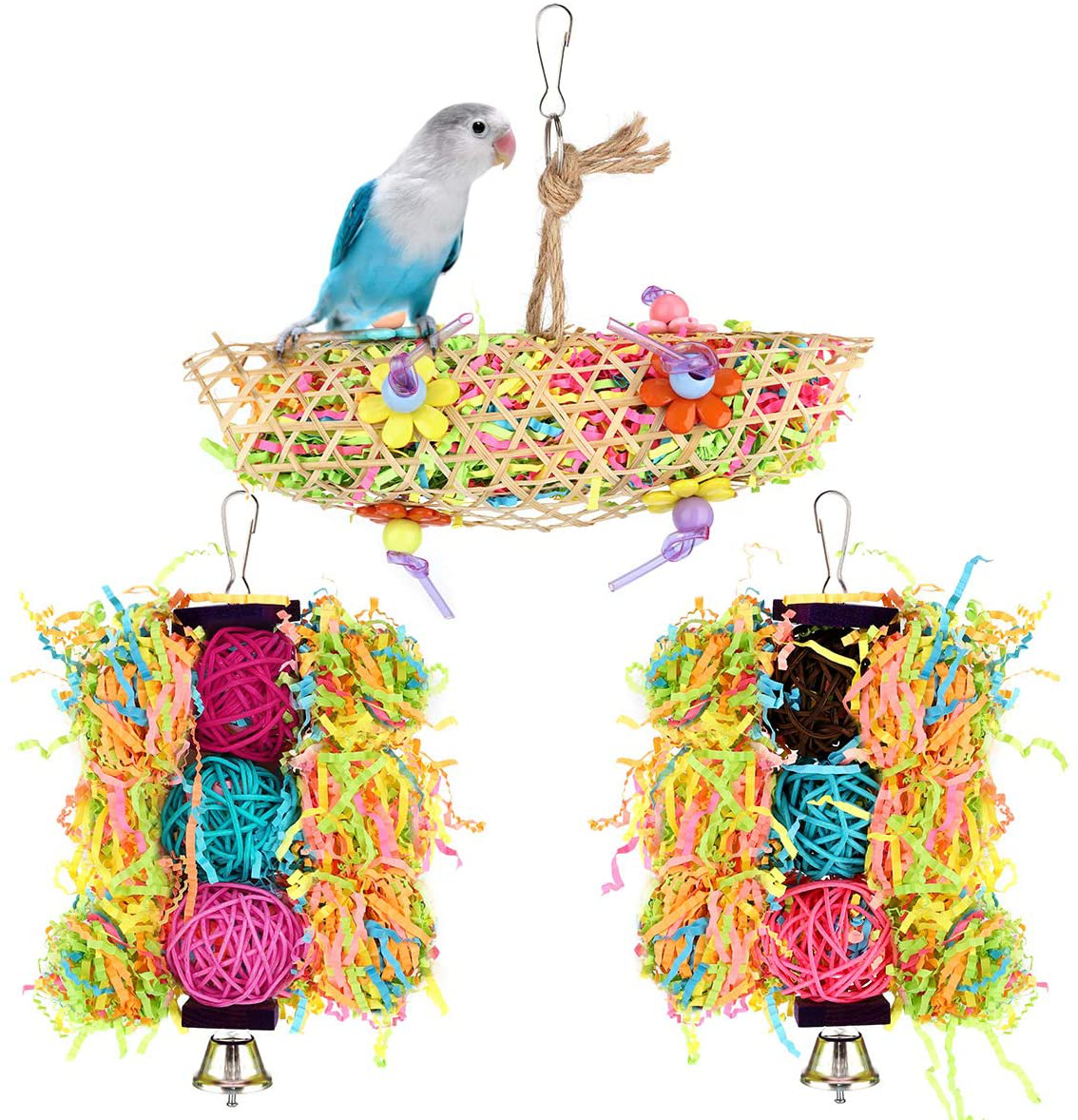 Pawaboo Bird Parrot Toys 3 Packs, Bird Chewing Foraging Shredder Toy Bird Cage Hammock Hanging Swing with Bells for Small Bird, Parakeets, Cockatiels, Conures, Budgie, Lovebirds, Hummingbird Animals & Pet Supplies > Pet Supplies > Bird Supplies > Bird Toys Pawaboo Blue  