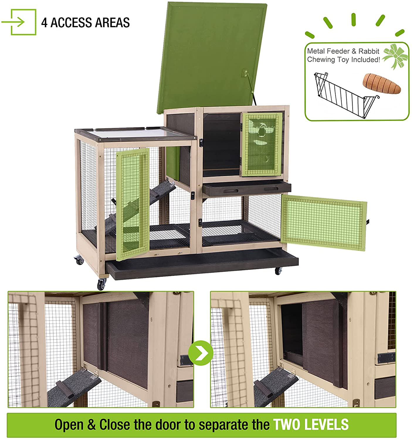 Indoor Outdoor Rabbit Hutch, Bunny Cage on Wheels with 2 Deep No Leakage Pull Out Trays (Coffee) Animals & Pet Supplies > Pet Supplies > Small Animal Supplies > Small Animal Habitats & Cages GUTINNEEN   