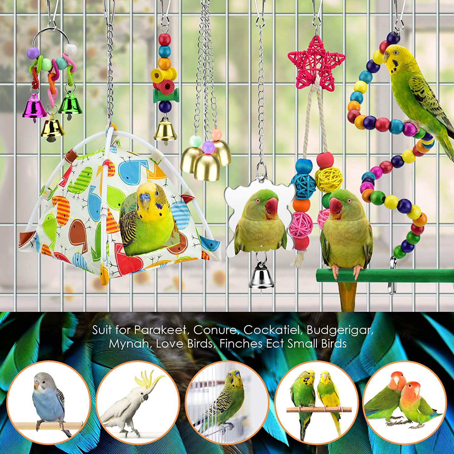 KATUMO Bird Parrot Toys, Bird Nest Hut Hanging Habitat Tent Colorful Wood Beads Hanging Mirror Bird Perch Chewing Bell Toys for Conures, Cockatiel, Budgerigar, Lovebird, Sparrow Ect Small Birds Animals & Pet Supplies > Pet Supplies > Bird Supplies > Bird Toys KATUMO   