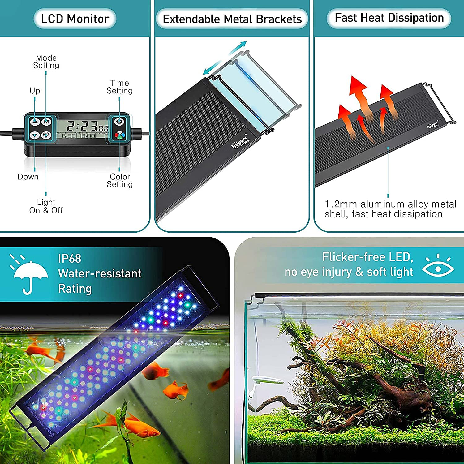 Hygger Auto on off LED Aquarium Light, Full Spectrum Fish Tank Light with LCD Monitor, 24/7 Lighting Cycle, 7 Colors, Adjustable Timer, IP68 Waterproof, 3 Modes for 12"-18" Freshwater Planted Tank Animals & Pet Supplies > Pet Supplies > Fish Supplies > Aquarium Lighting hygger   