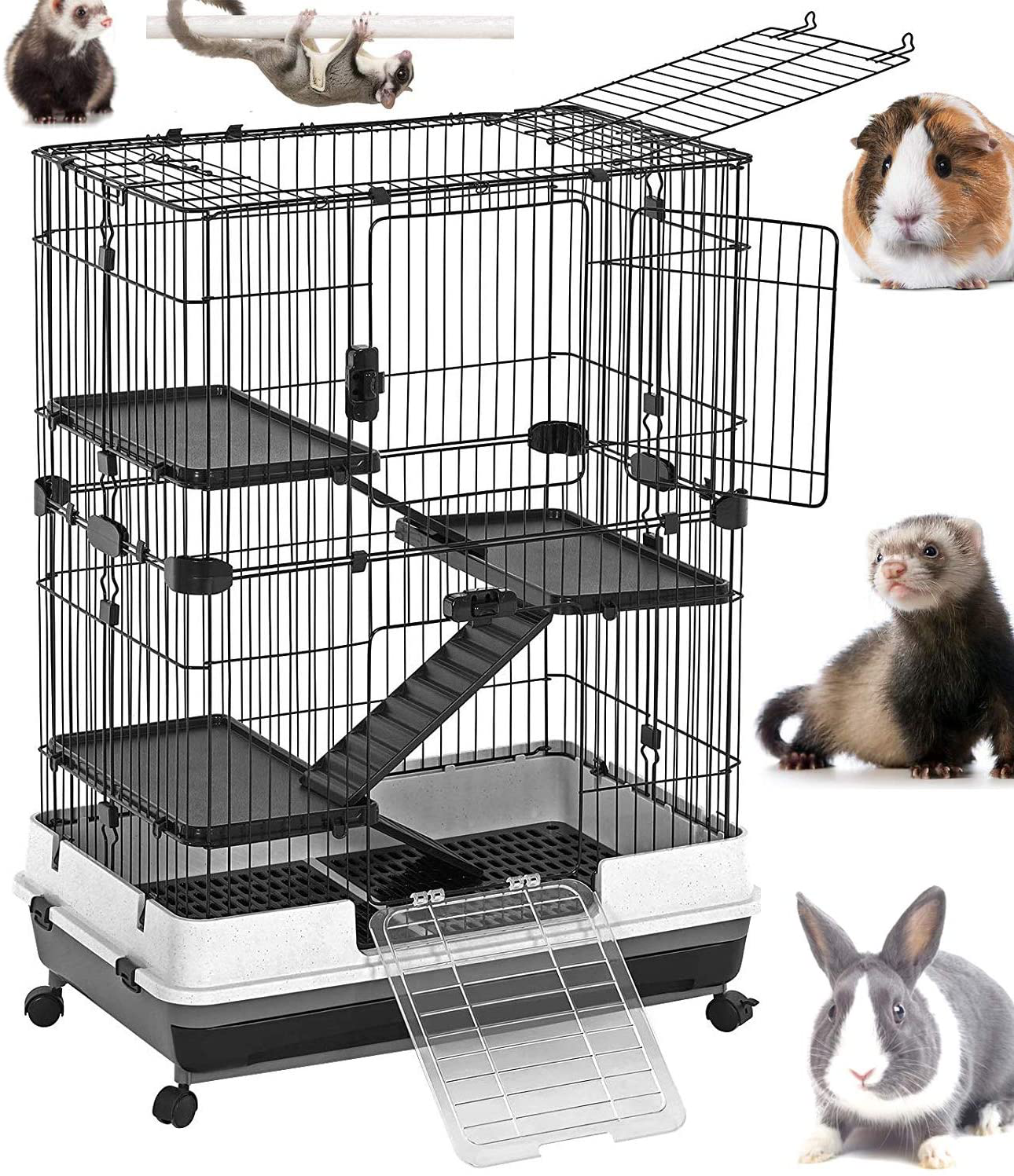 Mcage Large 32”L Indoor Small Animal Rabbit Cage Small Animal Hutch with Lockable Wheels Animals & Pet Supplies > Pet Supplies > Small Animal Supplies > Small Animal Habitats & Cages Mcage Black 4-Levels 