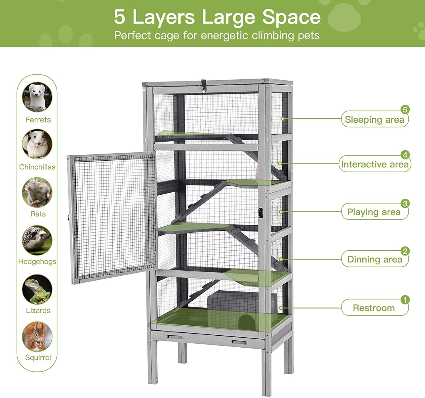 GUTINNEEN Ferret Cage Rat Cage 5 Levels Small Animal Cage for Chinchilla, Hedgehogs, Squirrel, Chameleon, Lizard, Gerbils Animals & Pet Supplies > Pet Supplies > Small Animal Supplies > Small Animal Bedding GUTINNEEN   