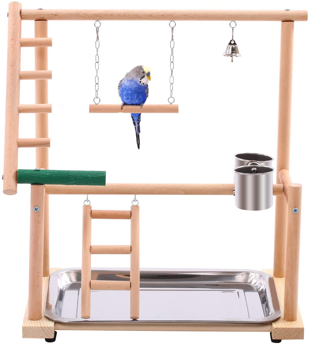 QBLEEV Bird Play Stand Parrots Playground Wooden Stick Perch，Bird Playpen Exercise Gym with Ladder Feeder Cup Bell Swing，Parrot Play Climb Gym for Parakeet Cockatiel Conure(Include a Tray) Animals & Pet Supplies > Pet Supplies > Bird Supplies > Bird Gyms & Playstands QBLEEV   