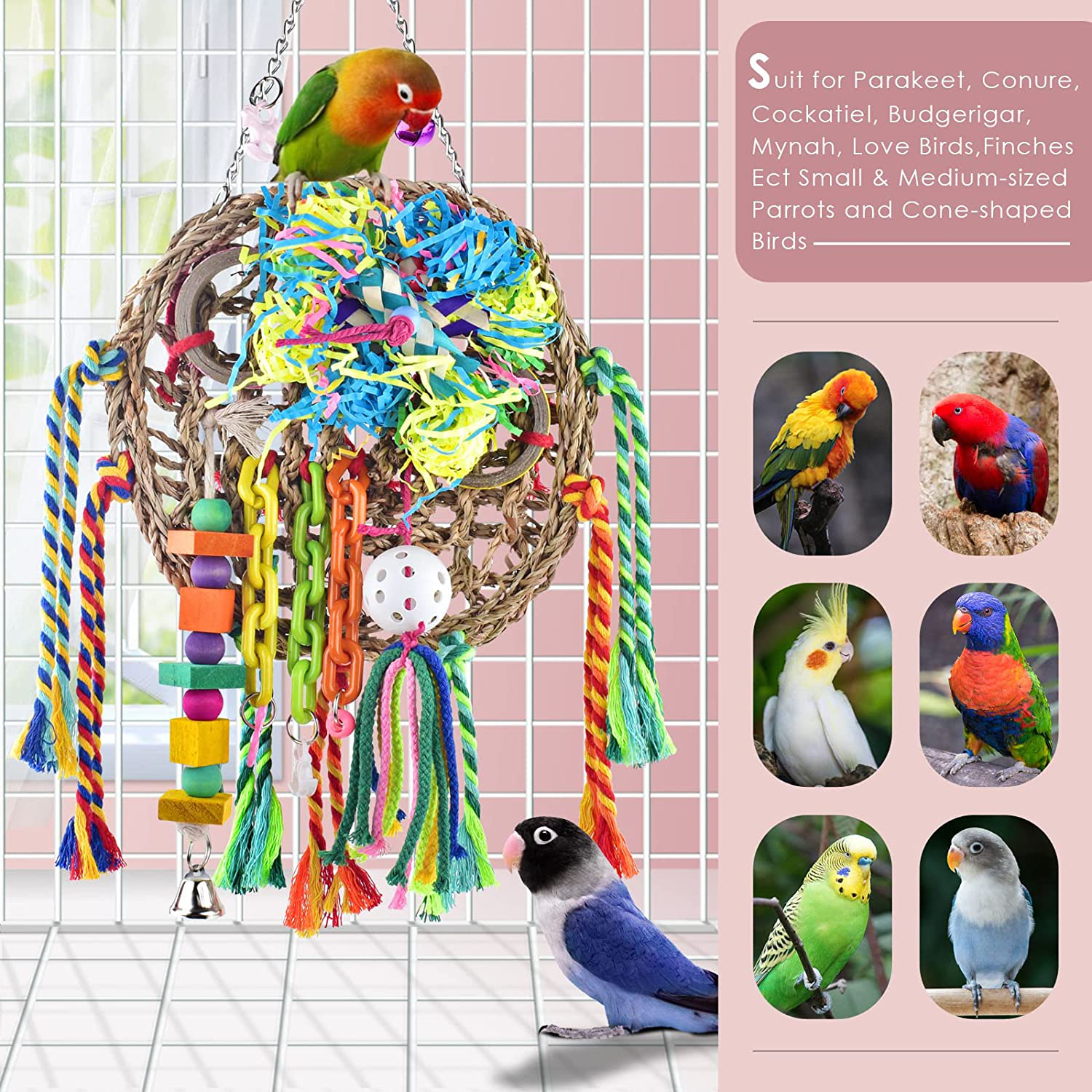 KATUMO Chewable Bird Toys, Bird Hanging Wall Toy Climbing Mat Parrot Hammock Bird Perch Swing Toy for Parakeets Budgerigars Conures Cockatiels Lovebirds, Small round Seagrass Mat Size 9.4'' X 9.4'' Animals & Pet Supplies > Pet Supplies > Bird Supplies > Bird Toys KATUMO   