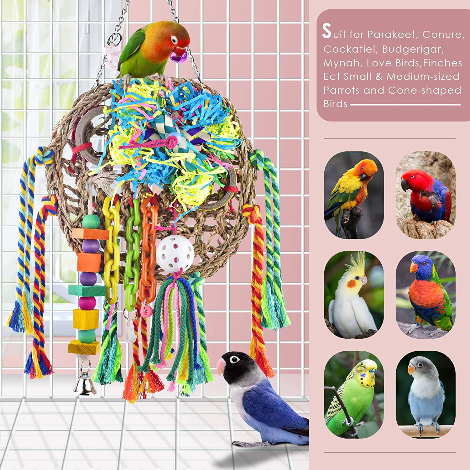 KATUMO Chewable Bird Toys, Bird Hanging Wall Toy Climbing Mat Parrot Hammock Bird Perch Swing Toy for Parakeets Budgerigars Conures Cockatiels Lovebirds, Small round Seagrass Mat Size 9.4'' X 9.4''