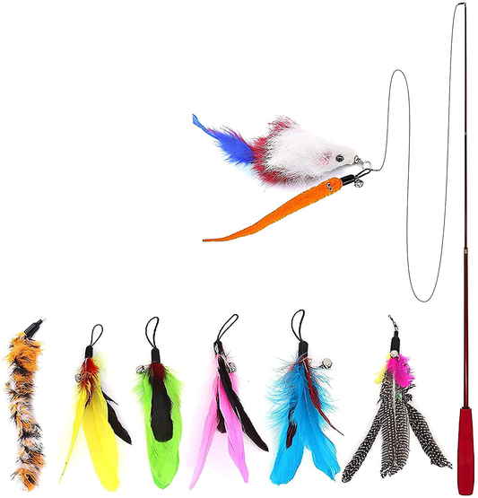 Cat Feather Toys 9 Piece Set, for Indoor Cats 1Pcs Retractable Cat Wand Toy & 8Pcs Natural Feather Teaser Replacements with Bell, Interactive Catcher Teaser and Funny Exercise for Kitten or Cats
