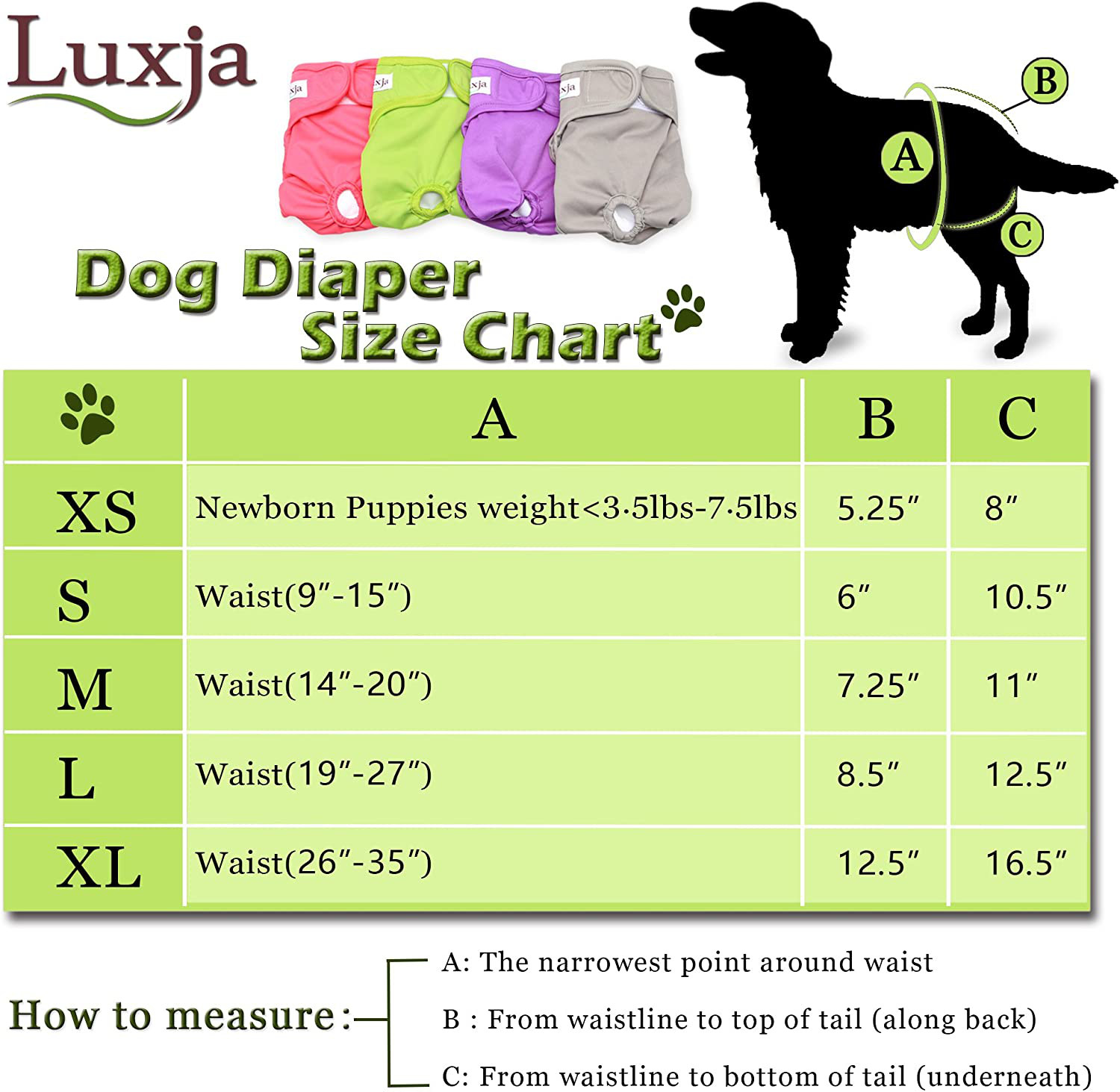 LUXJA Reusable Female Dog Diapers with Extra Detachable Diaper Pads (Pack of 4), Washable Wraps for Female Dog (Gray + Green + Purple + Rose Red)