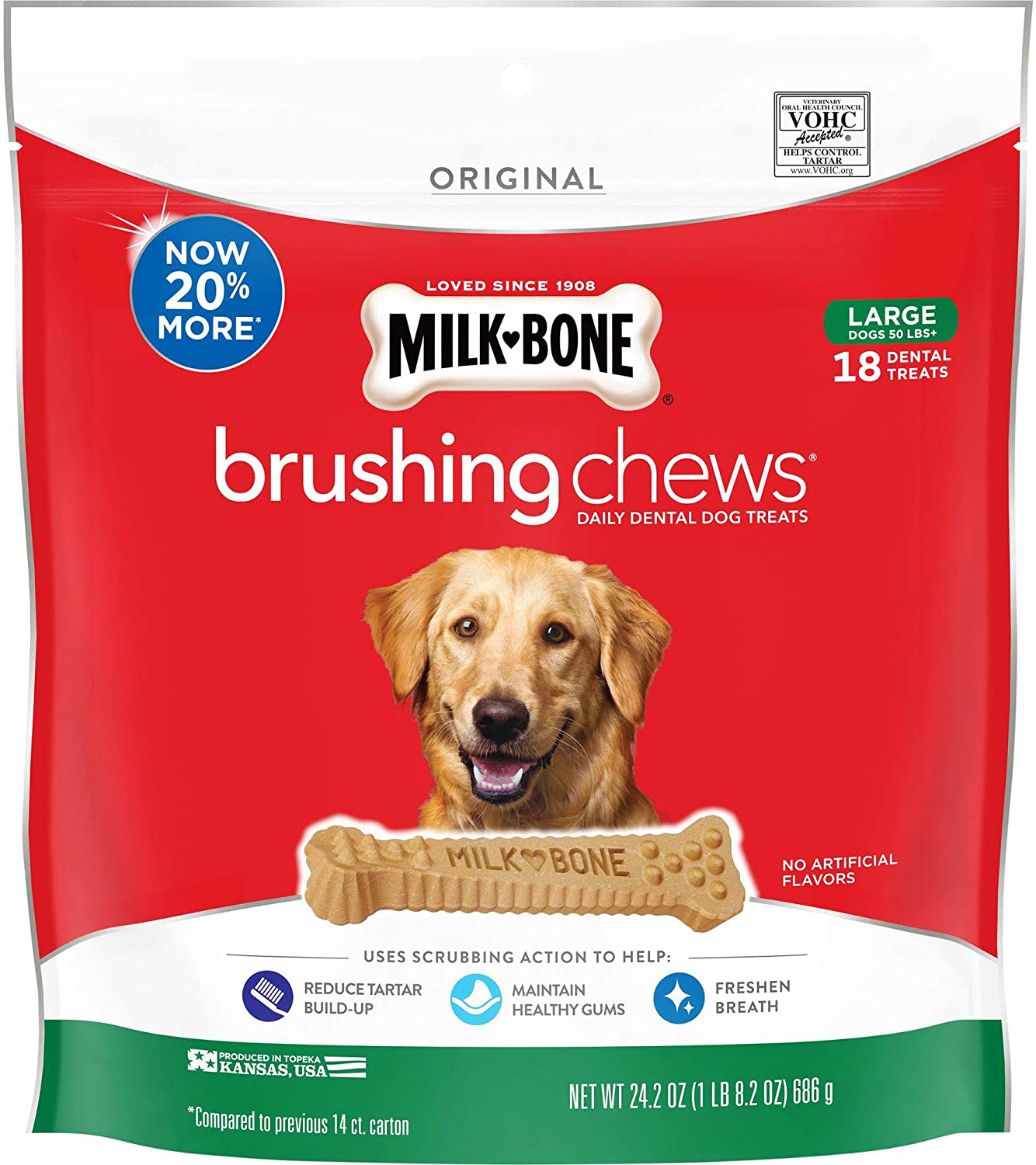 Milk-Bone Original Brushing Chews Daily Dental Dog Treats Animals & Pet Supplies > Pet Supplies > Dog Supplies > Dog Treats Milk-Bone Red Large 18 Count (Pack of 1)