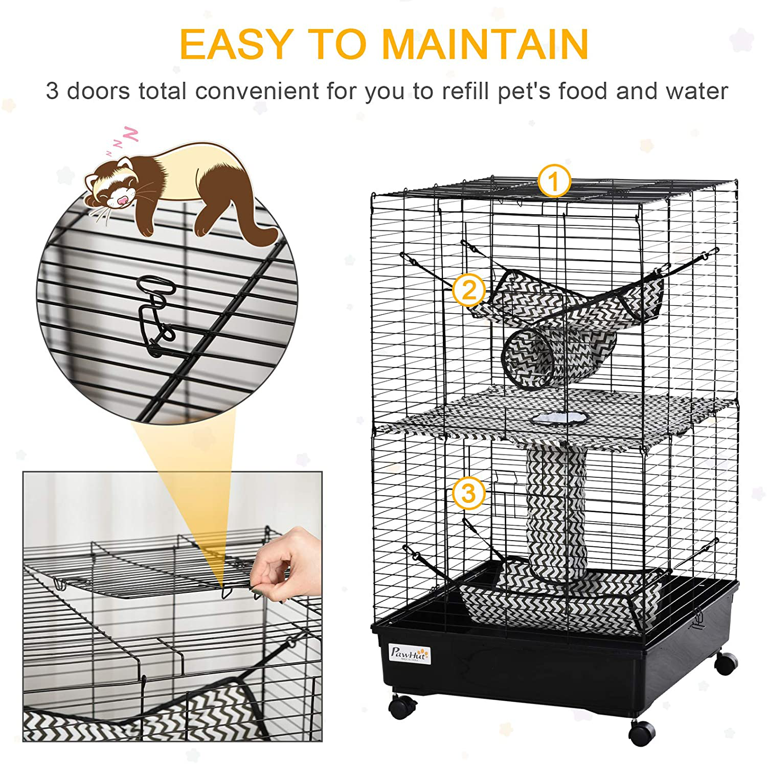 Pawhut Small Animal Cage Habitat for Ferret with Wheels Hammocks Tunnels and 3 Doors, Black Animals & Pet Supplies > Pet Supplies > Small Animal Supplies > Small Animal Habitats & Cages Aosom LLC   