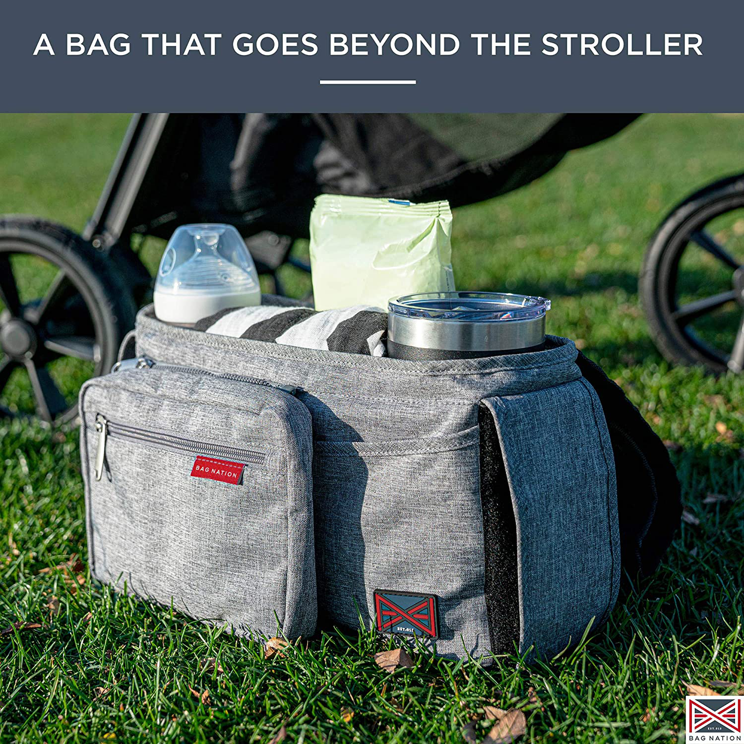 Bag Nation Universal Stroller Organizer Caddy Featuring Cup Holders, Large Main Pocket Compatible with Uppababy, Baby Jogger, Britax, Bugaboo, BOB, Umbrella and Pet Stroller - Grey Animals & Pet Supplies > Pet Supplies > Dog Supplies > Dog Treadmills Bag Nation   