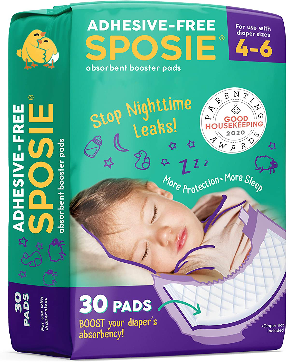Sposie, Stop Nighttime Diaper Leaks, Extra Overnight Protection for Bedwetting and Potty Training, Fits Diaper Sizes 4-6, 30 Ct., Adhesive Free