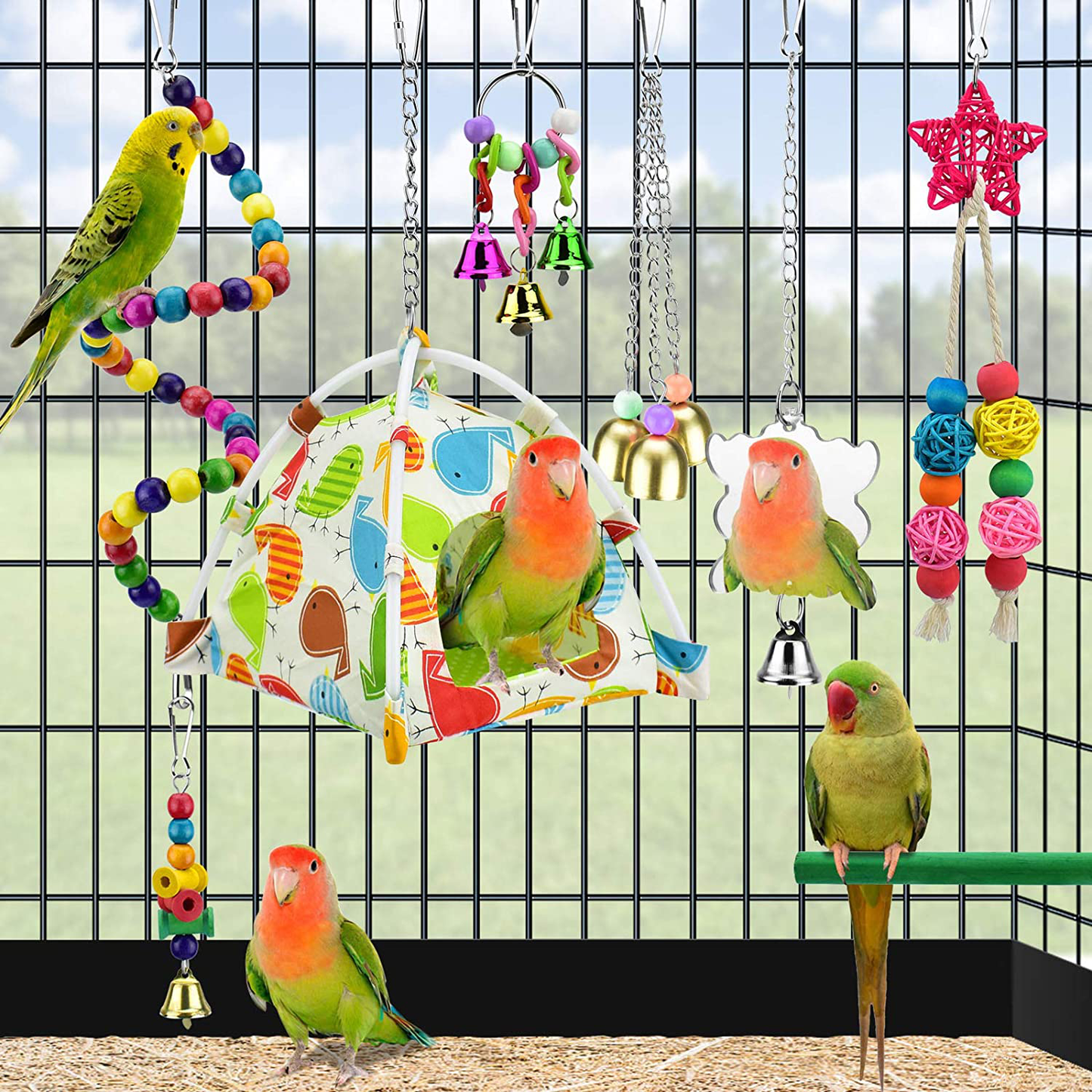 KATUMO Bird Parrot Toys, Bird Nest Hut Hanging Habitat Tent Colorful Wood Beads Hanging Mirror Bird Perch Chewing Bell Toys for Conures, Cockatiel, Budgerigar, Lovebird, Sparrow Ect Small Birds Animals & Pet Supplies > Pet Supplies > Bird Supplies > Bird Toys KATUMO   