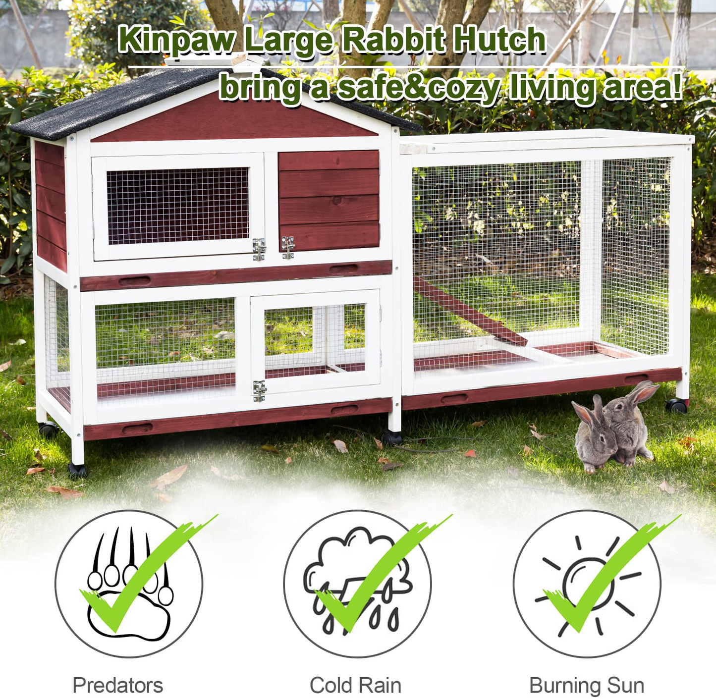 Rabbit Hutch Outdoor Bunny Cage - Large Bunny Hutch with Runs House Small Animal Habitats for Guinea Pigs Hamster Removable Tray Two Tier Waterproof Roof Pet Supplies Cottage Poultry Pen Enclosure Animals & Pet Supplies > Pet Supplies > Small Animal Supplies > Small Animal Habitats & Cages Kinpaw   